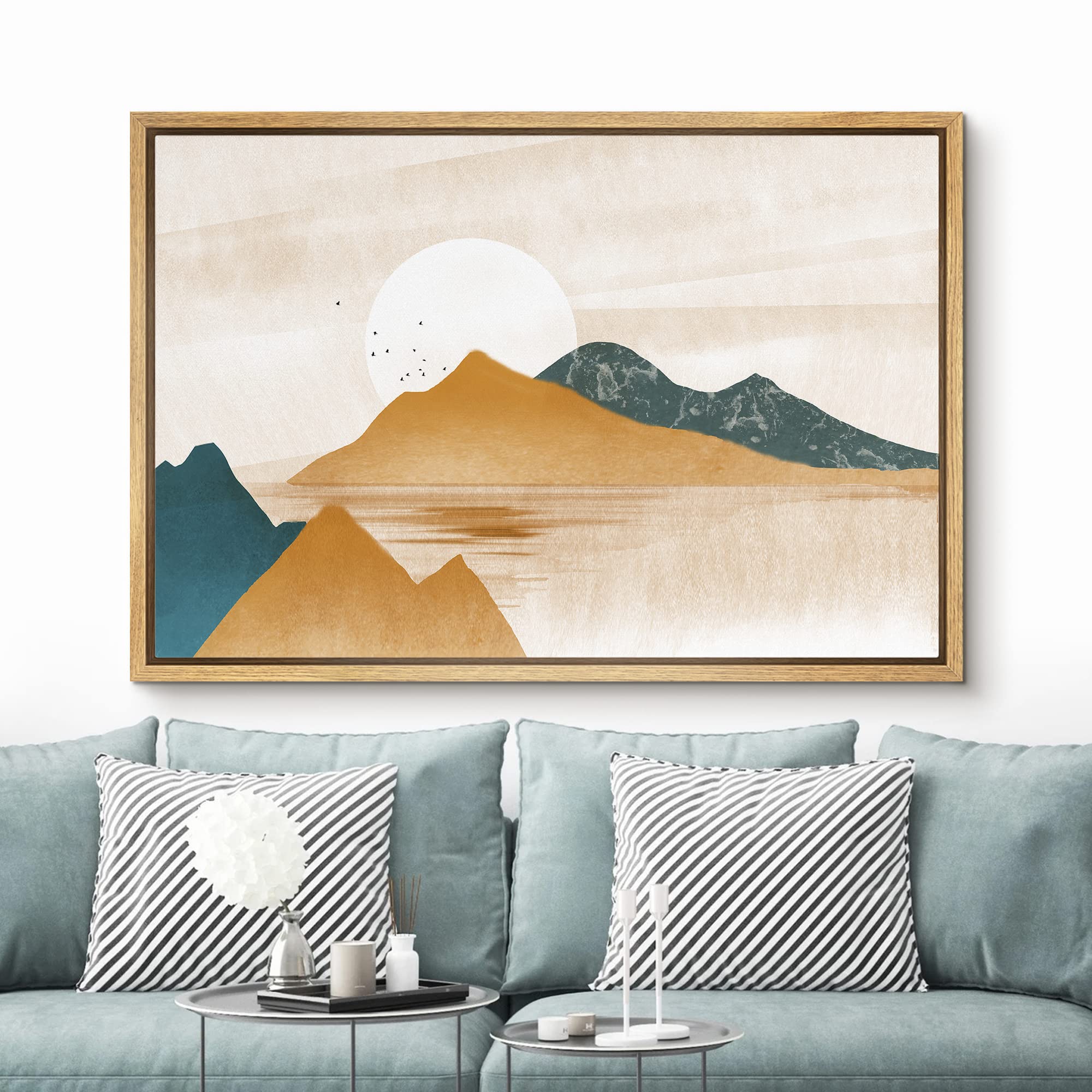 Signford Framed Canvas Print Wall Art Set Rustic Tan Mountain Range Valley Nature Wilderness Illustrations Modern Art Farmhouse/