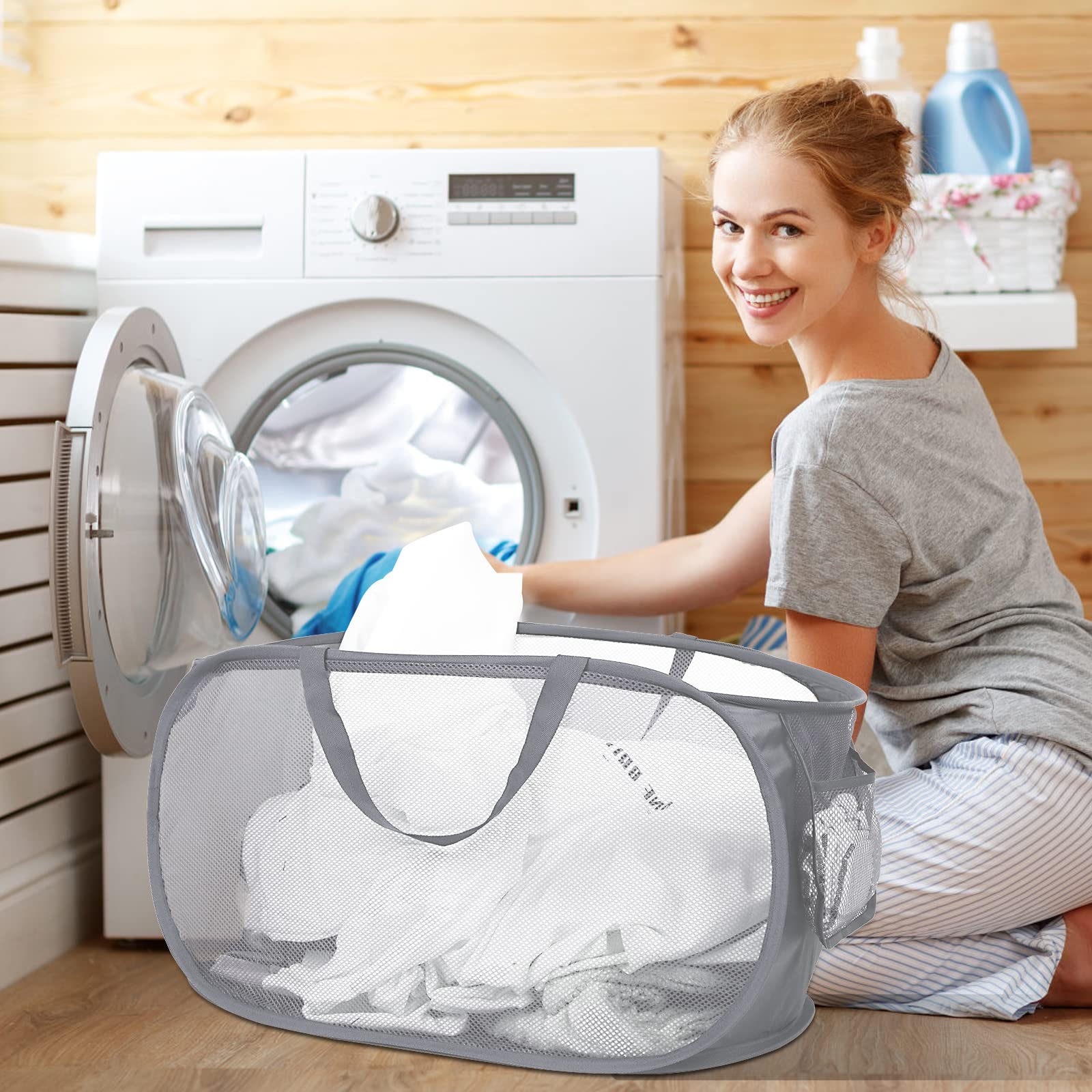 4 Pcs Durable Collapsible Laundry Baskets, Foldable Laundry Basket Large Opening, Pop Up Laundry Hamper With Pocket, Clothes Ham