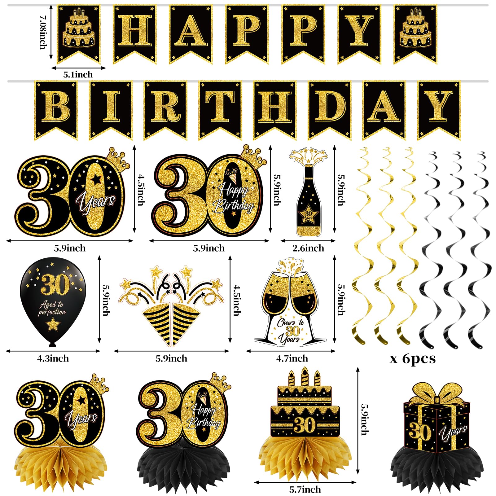 Eucutur 42Pcs 30Th Birthday Decoration Kit For Men Women, Black Gold Happy 30Th Bday Banner Balloons Honeycomb Centerpiece Swirl