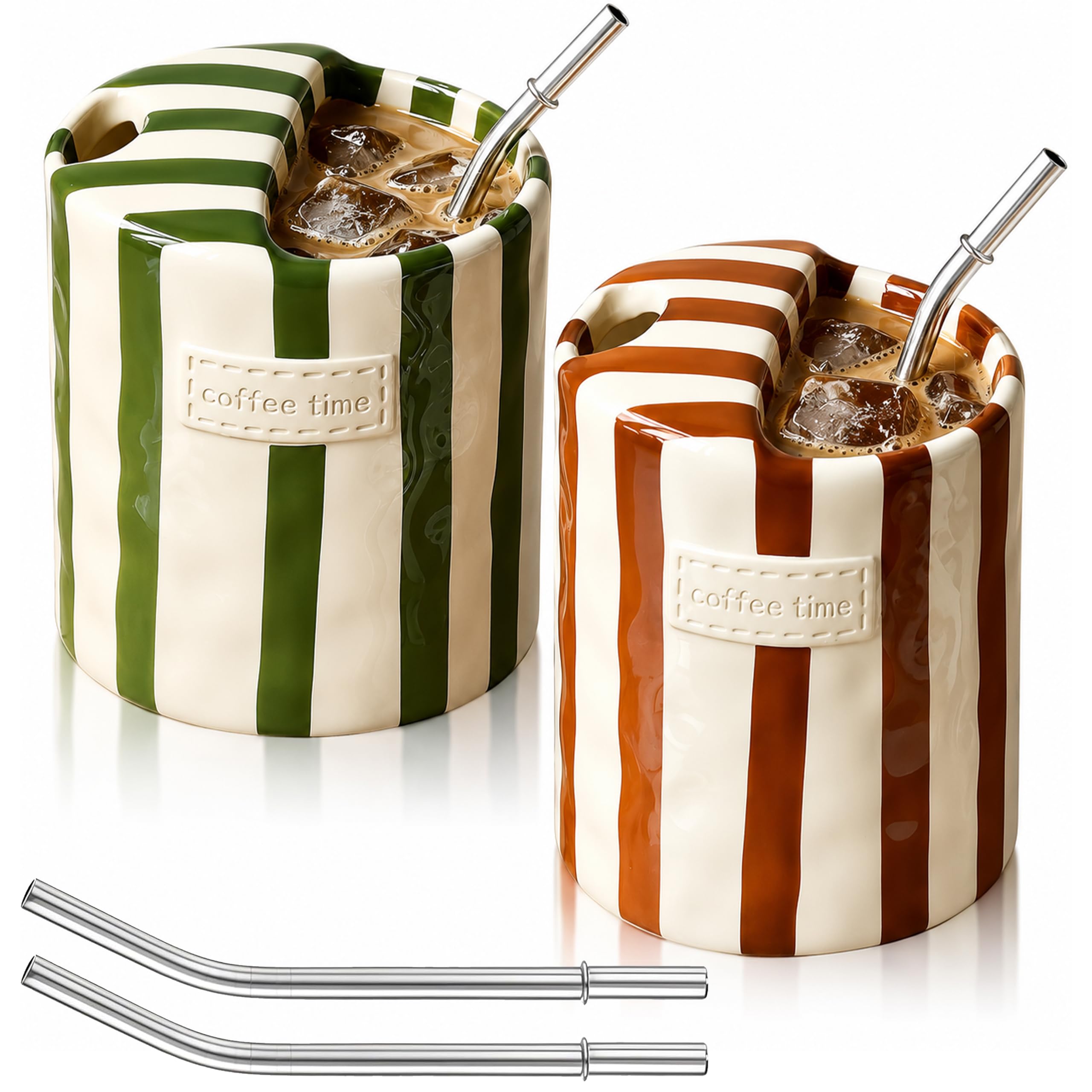 BSTUR Coffee Mug with Sip Hole and Straw, Ceramic Iced Coffee Cup Set of 2 for Coffee Tea Latte, Hand Painted Striped Porcelain 