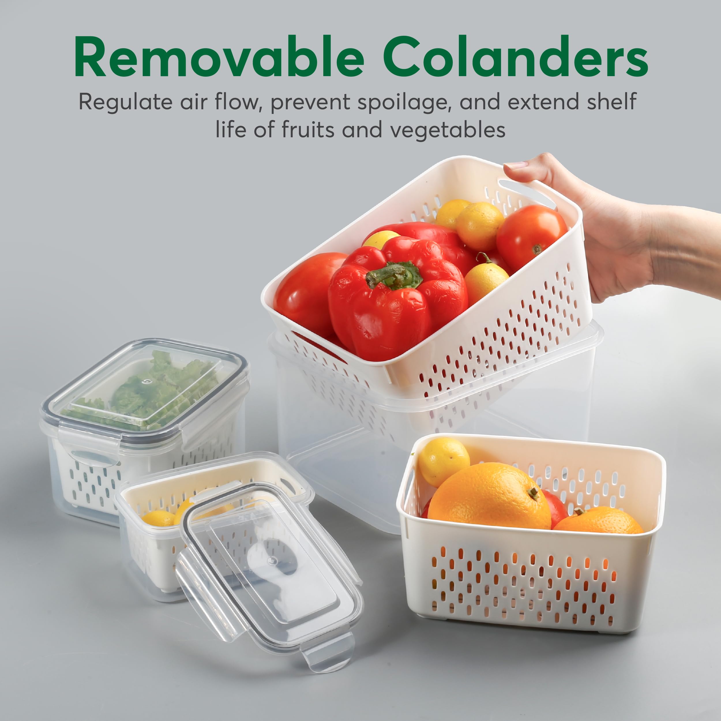 Breezyhome 5 Pcs Fruit Storage Containers For Fridge With Colanders Dishwasher Safe, Leakproof Fruit And Vegetable Storage Bpa-F