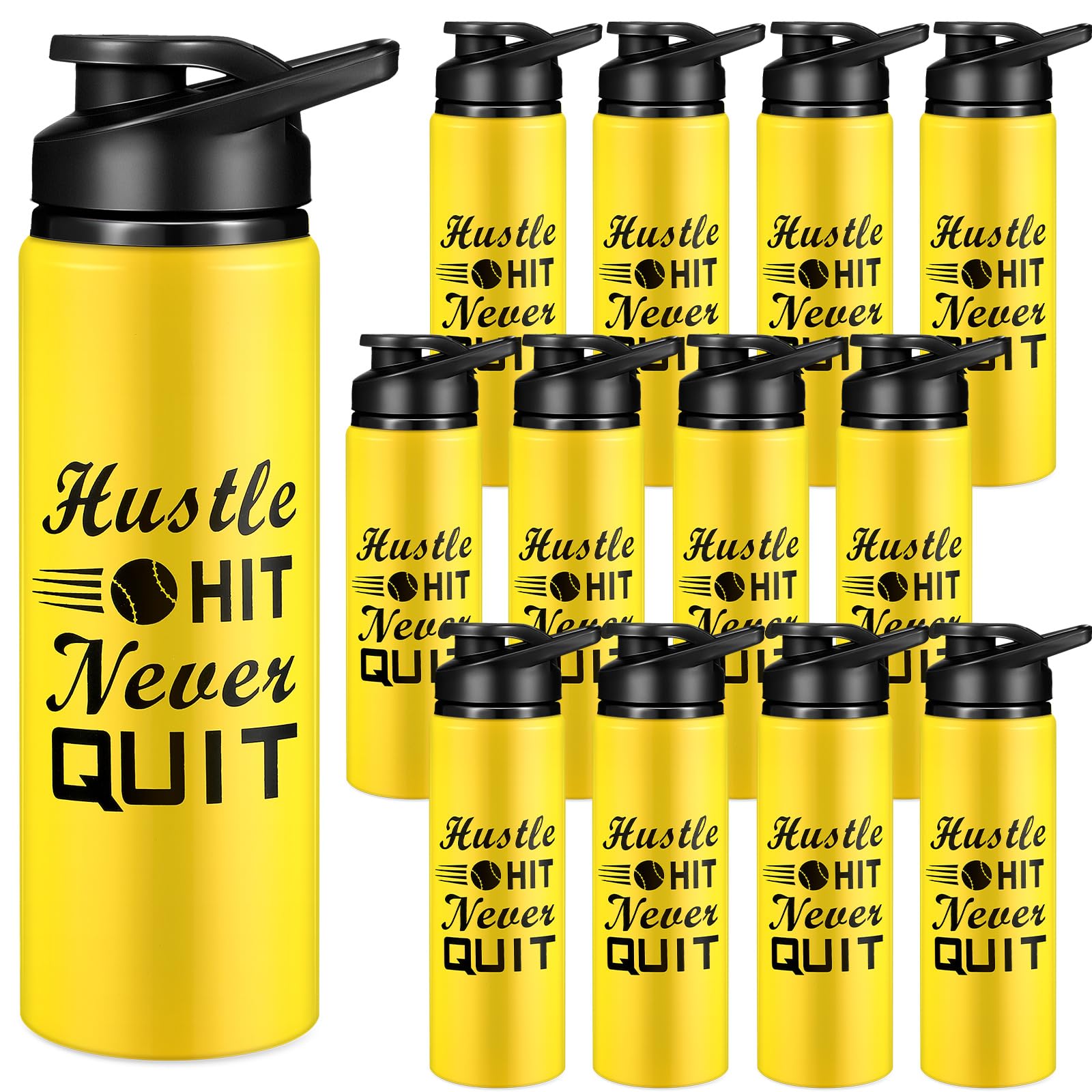 Funnymoom 12 Pack Softball Water Bottles Bulk 25 oz Aluminum Sport Bottles with Leakproof Lid Hustle Hit Never Quit Tumbler Soft