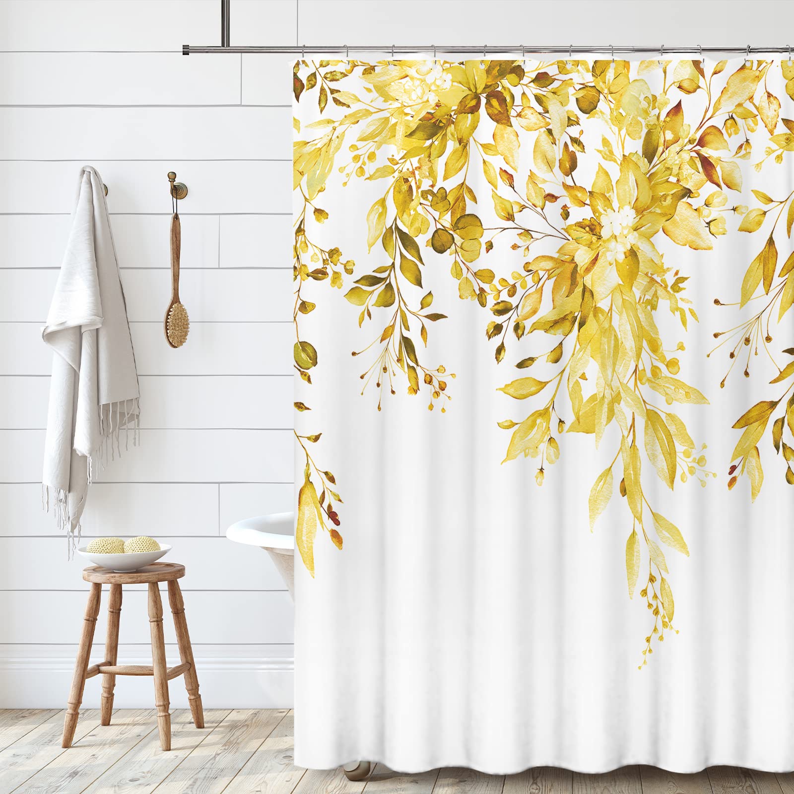 Tititex Yellow Eucalyptus Shower Curtain Sets, Watercolor Bright Leaves On The Top Plant With Floral Bathroom Decoration 60X72 I