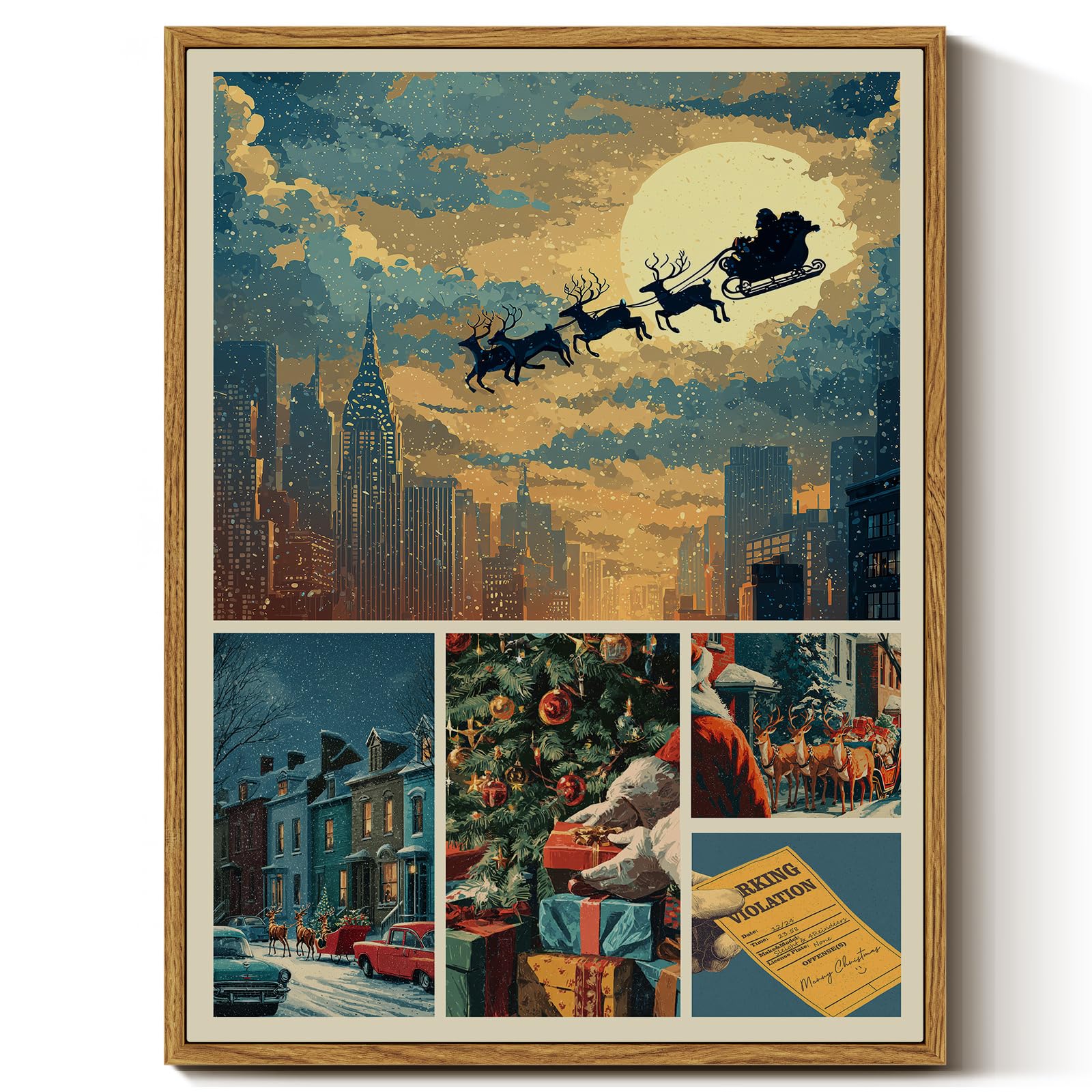 InSimSea Christmas Wall Art Vintage Santa Claus Delivering Gifts Riding Reindeer Sleigh Christmas Pictures Home Decor Framed Can