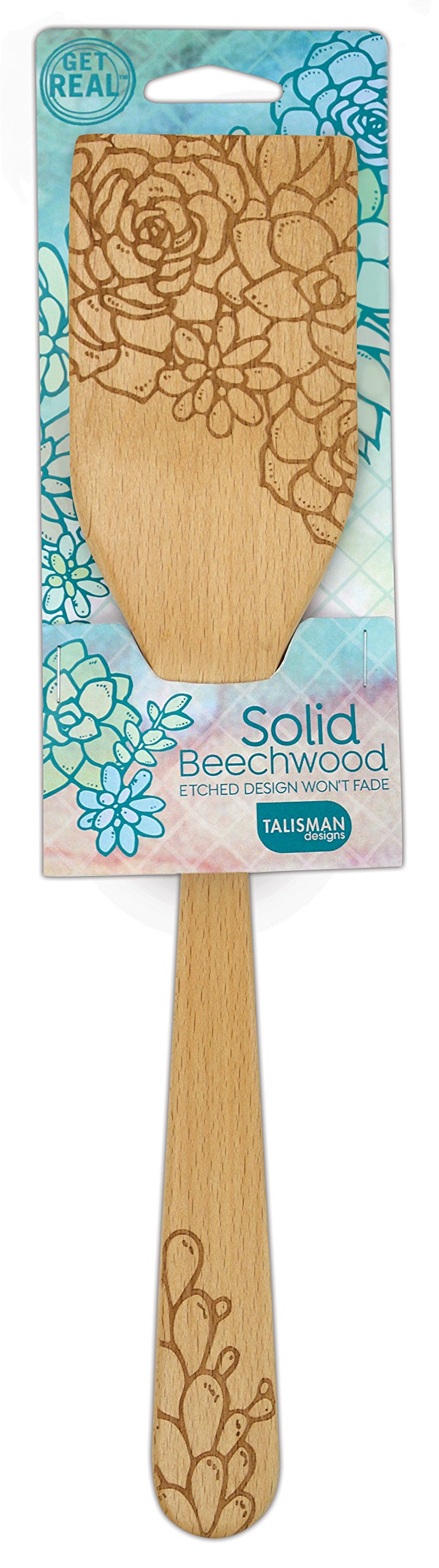Talisman Designs Laser Etched Beechwood Succulent Design | Pan Cooking Turner | Natural Wood, | Cute & Functional Kitchen Tool |