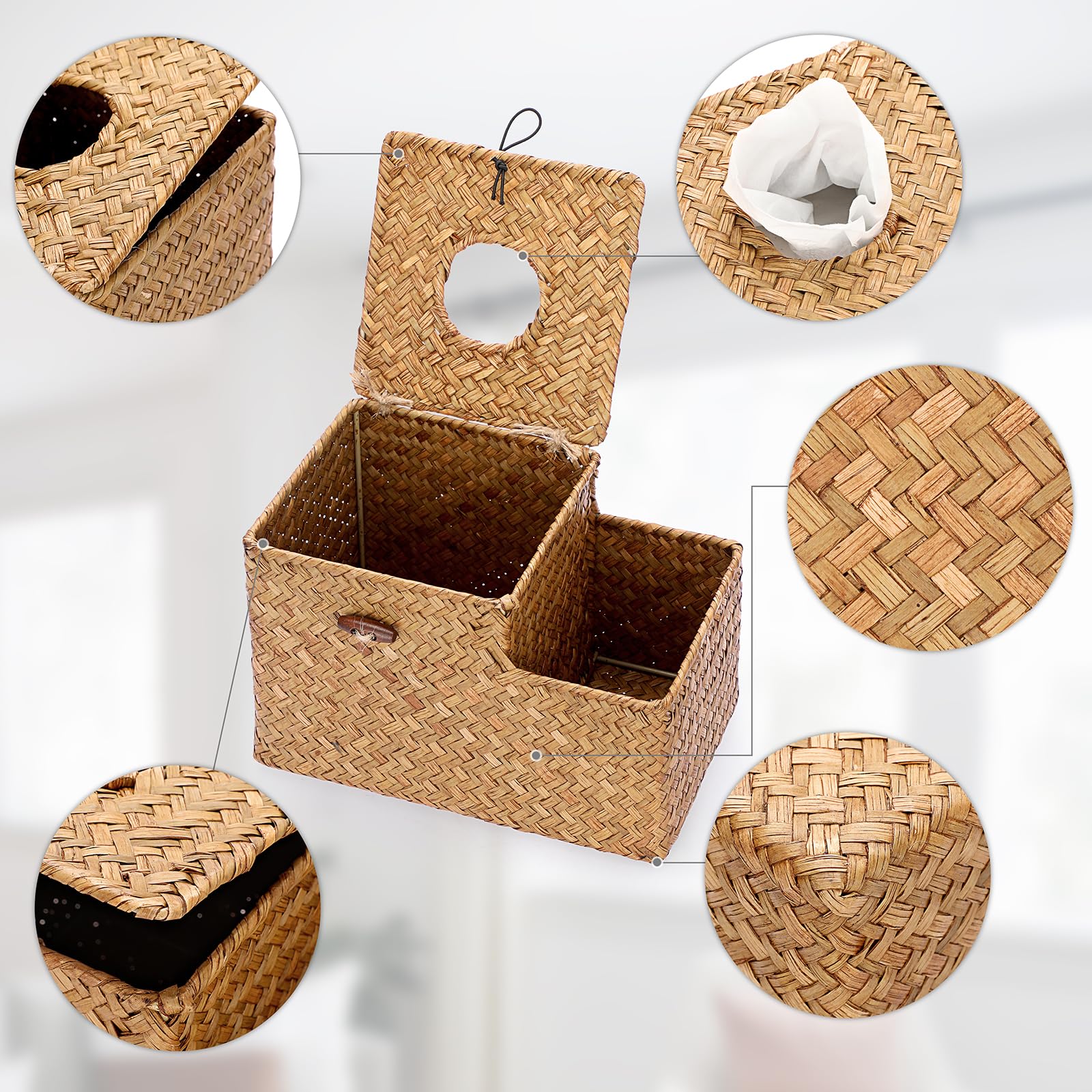 Sumnacon Square Woven Tissue Box Cover - Decorative Cube Tissue Box With Side Organizer, Rustic Seagrass Tissue Holder For Livin