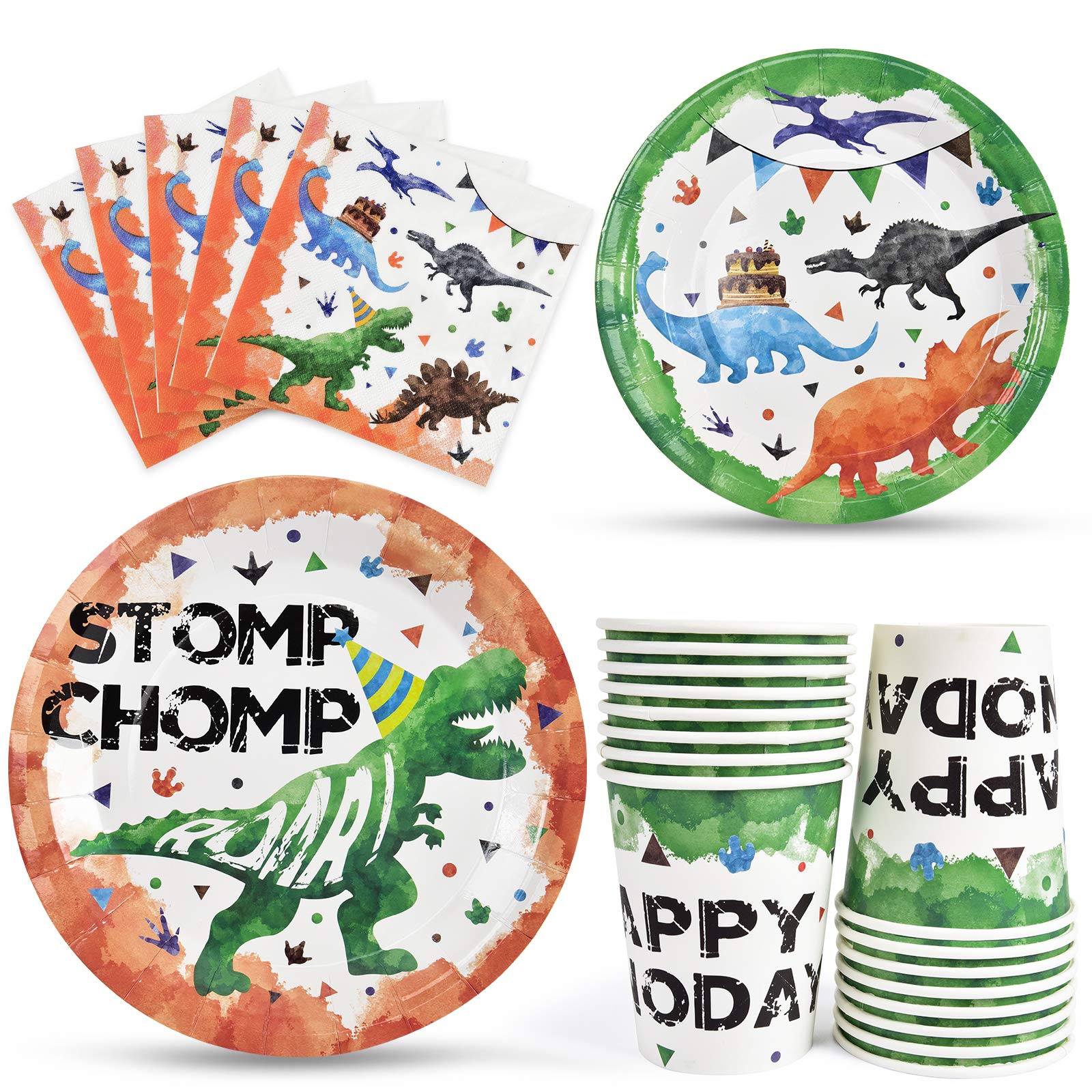 Watercolor Dinosaur Party Supplies - Disposable Dinosaur Party Tableware For Kids Boys Birthday Includes Luncheon Dinner Dessert