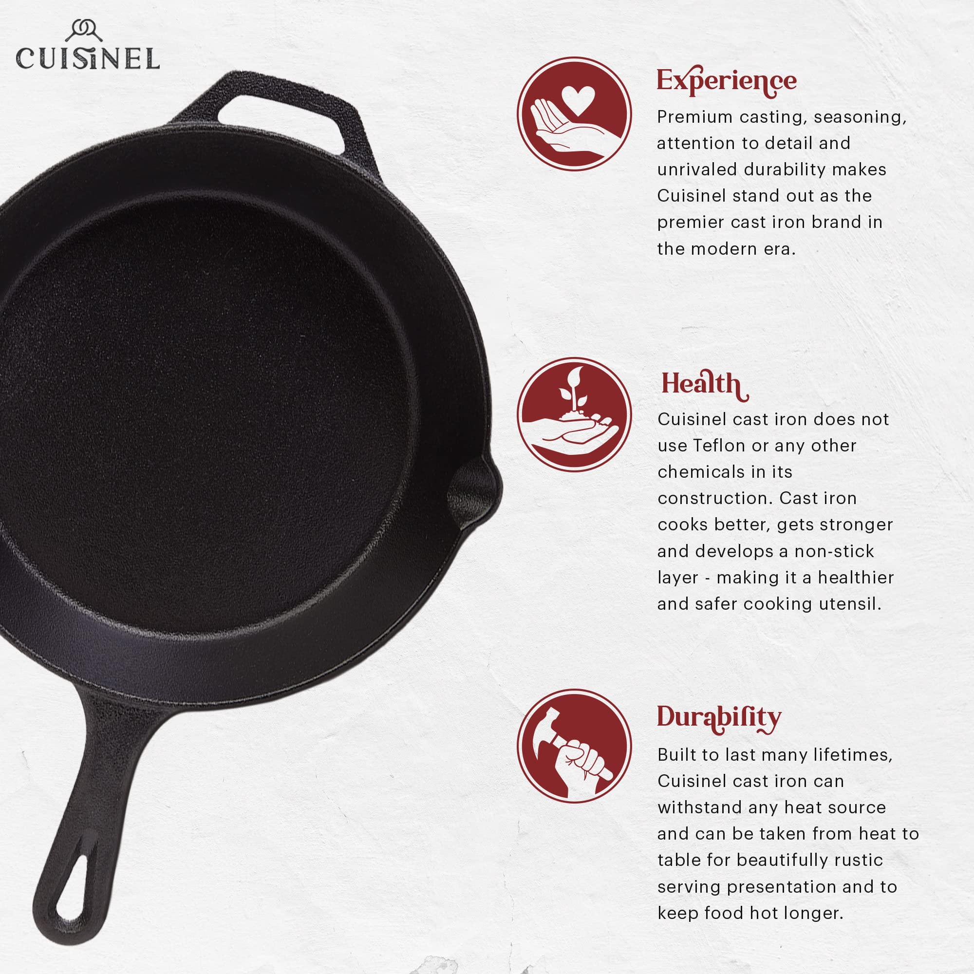 Cuisinel Cast Iron Skillets Set - 12 + 10 + 8-Inch Pre-Seasoned Frying Pans + Silicone Handle Grip Covers - Use Indoor/Out