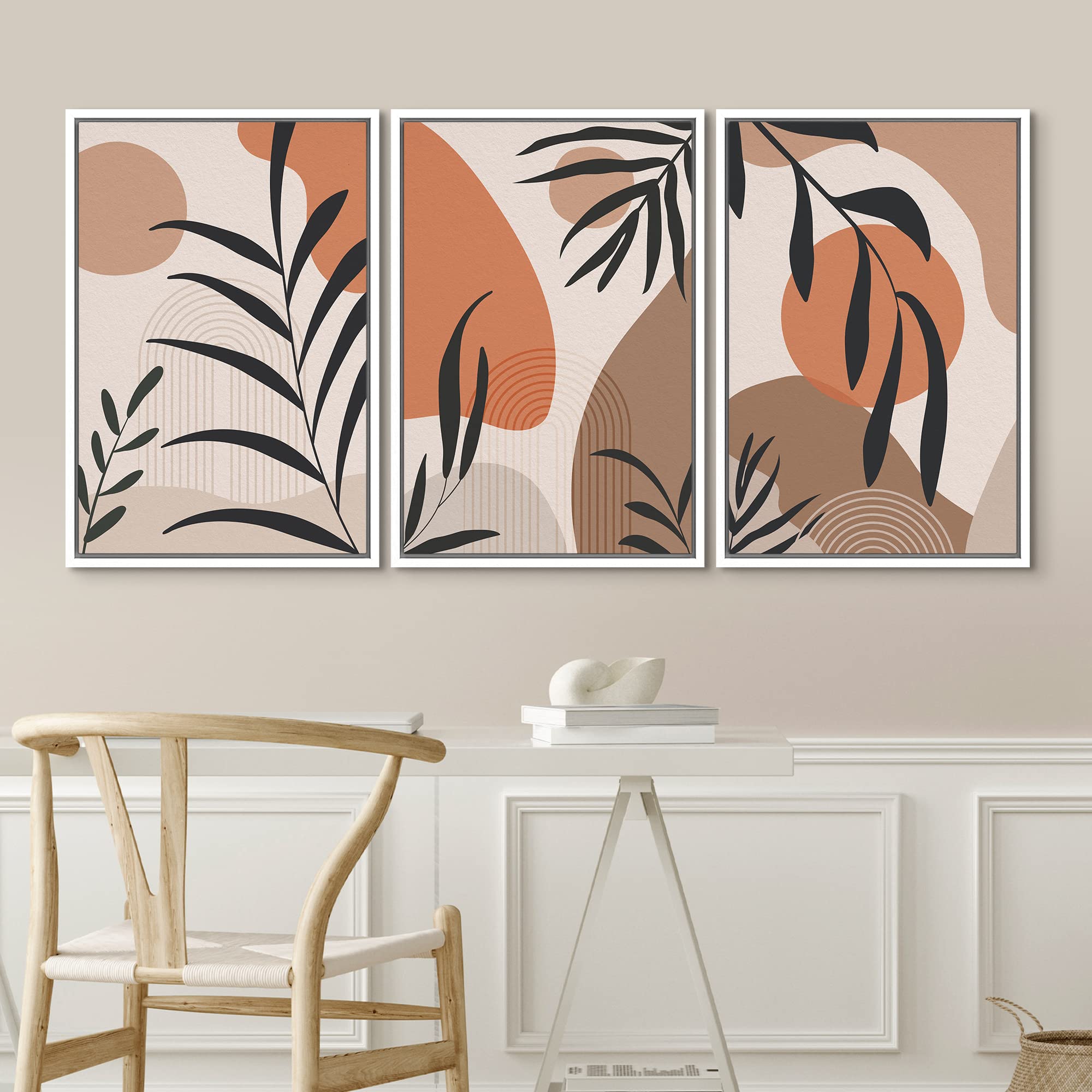 Idea4Wall Framed Canvas Print Wall Art Set Tropical Palm Leaf Geometric Landscapes Abstract Shapes Illustration Modern Art Decor