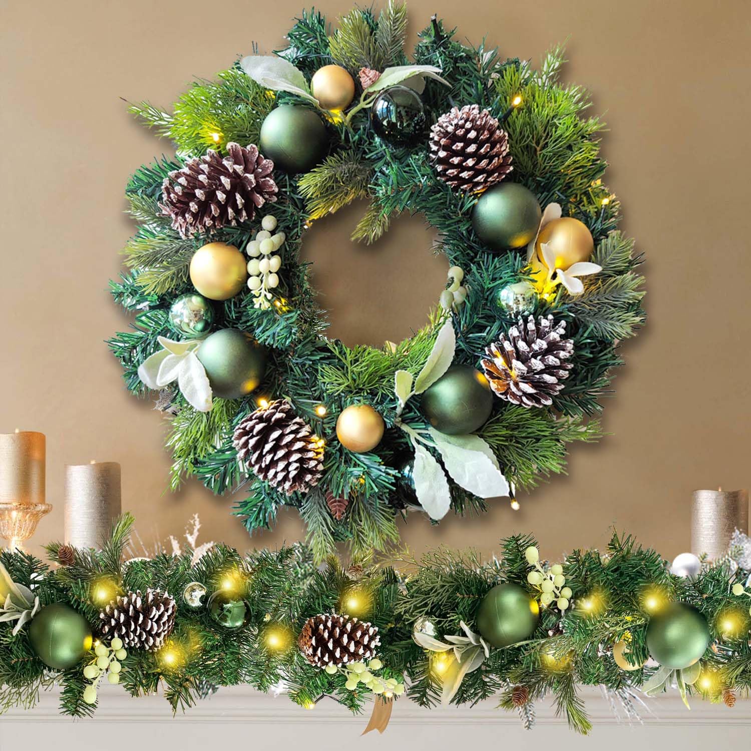 WANNA-CUL Pre-Lit 20 Inch Lighted Christmas Wreath for Front Door Decoration with Green Gold Christmas Ball Ornaments,Battery Op