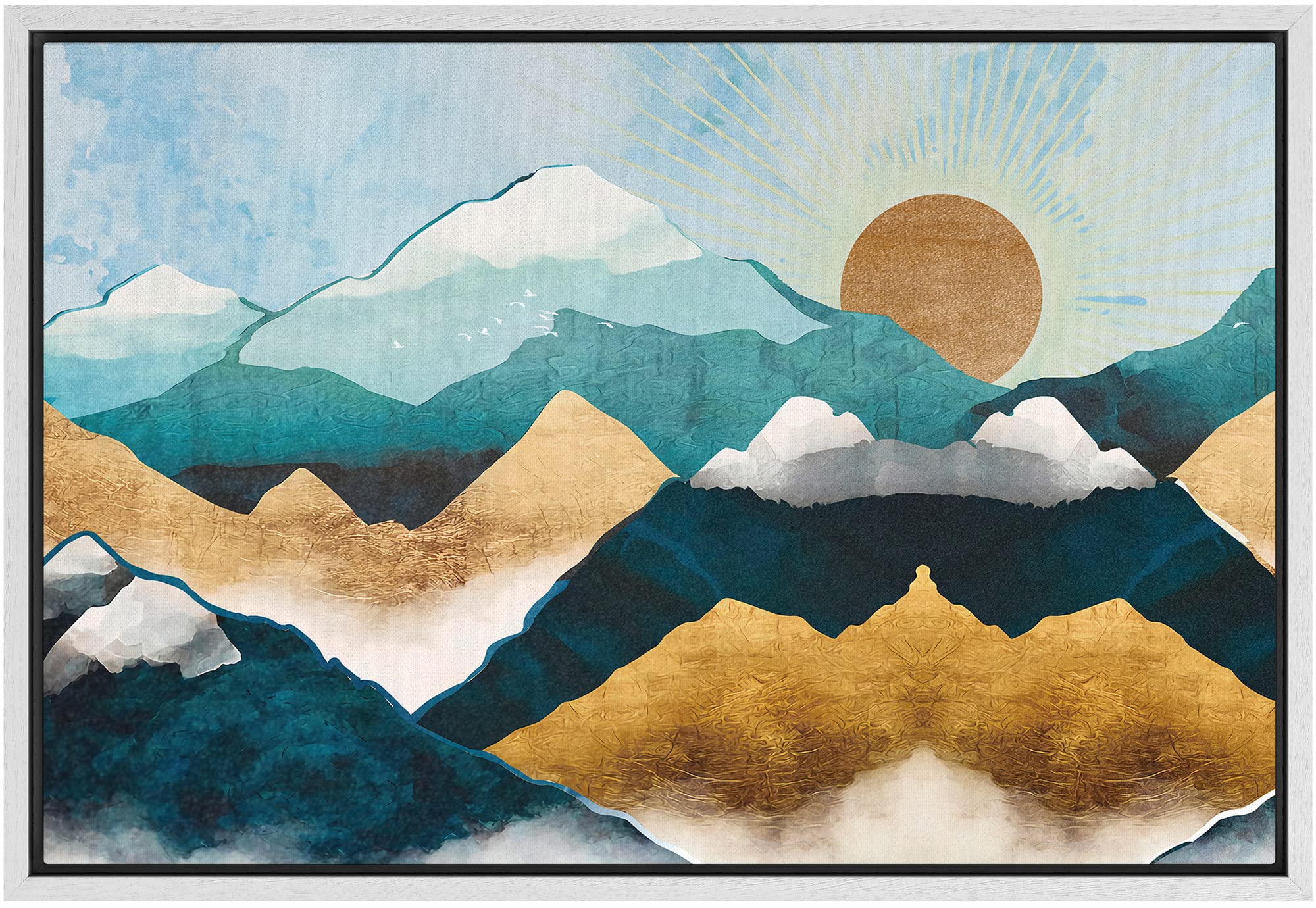 Signford Framed Canvas Print Wall Art Gold Teal Marble Sun Mountain Range Nature Wilderness Illustrations Modern Art Rustic Zen
