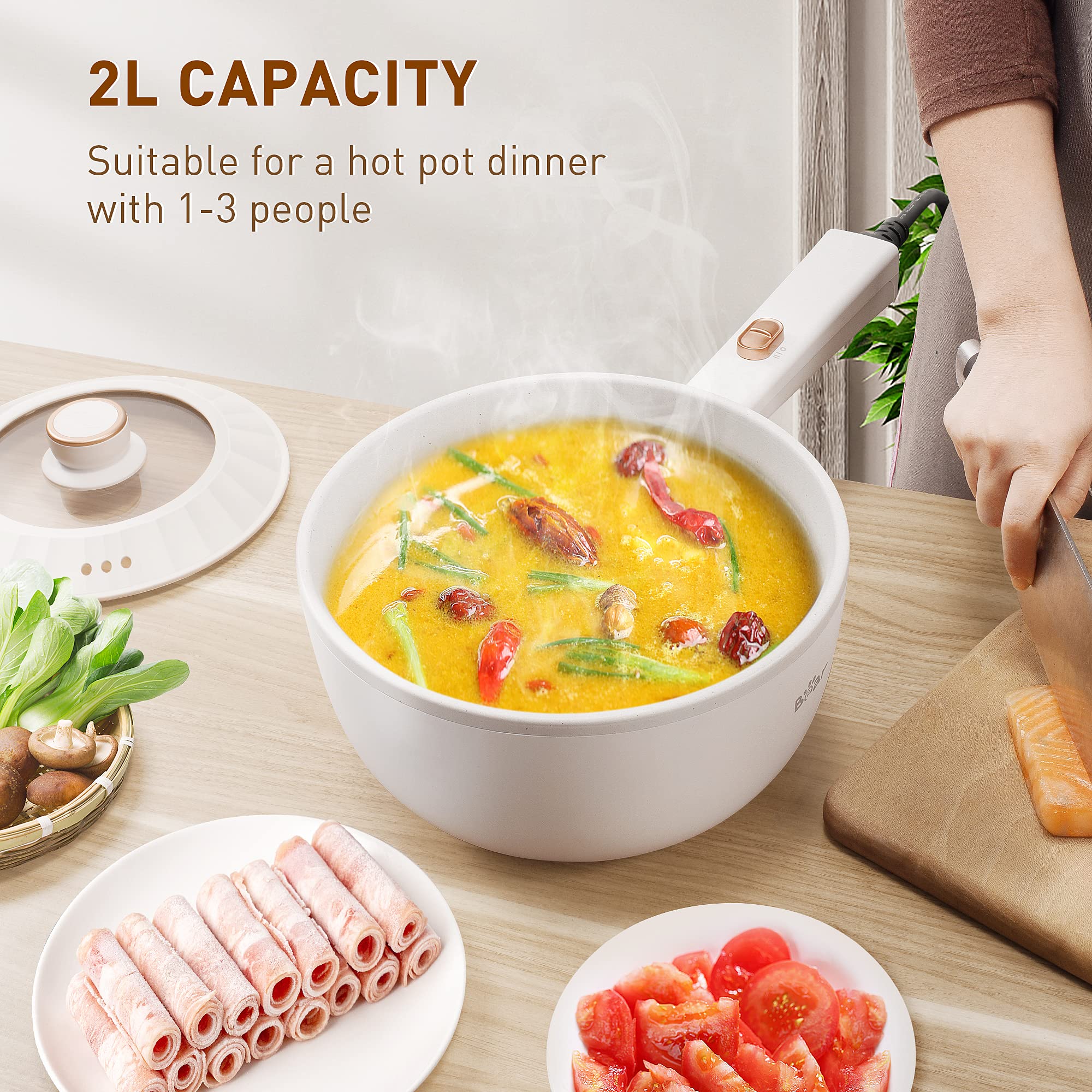 Bear Hot Pot Electric  2L Multifunctional Portable Pot for Cooking  1000W Rapid Noodles Electric Pot  Non-Stick Frying Pans for Steak  Egg  Ramen  Oatmeal with Dual Power Adjustment