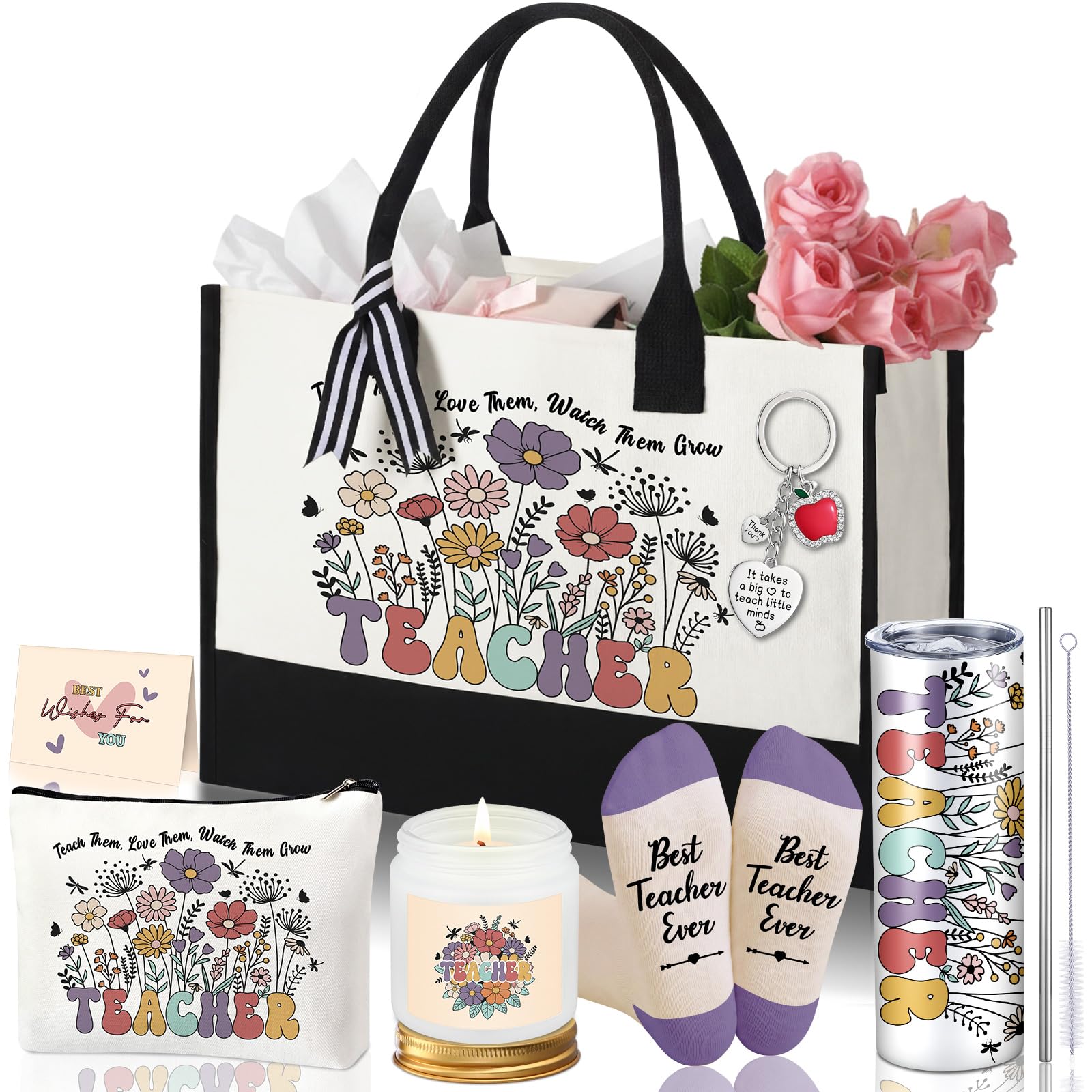 Patelai 7 Pcs Graduation Teacher Appreciation Gift Set, Thank You Teacher Gifts for Women with 20oz Tumbler Tote Bag Candle Make