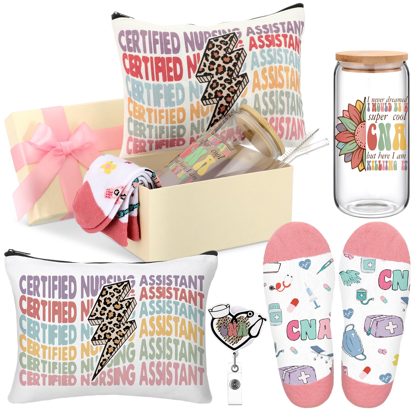 Skylety 5 Pcs CNA Gifts for Women Certified Nursing Assistant Gift 16 oz Glass Cup Socks Cosmetic Bag Badge Reel CNA Week Apprec
