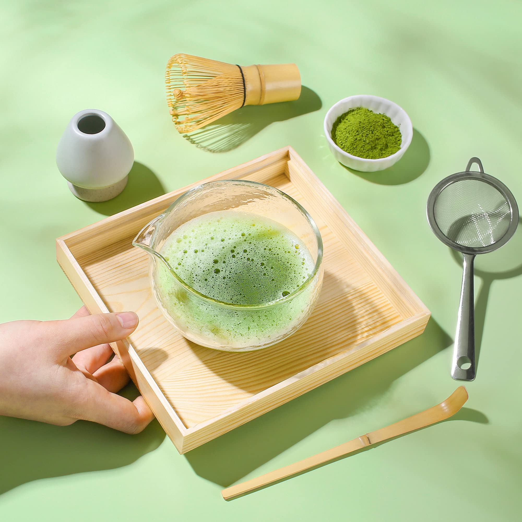 Bamboo Matcha whisk Kit  Matcha Tea Set  Bamboo Matcha Whisk and bowl (Chawan) Scoop (Chashaku)  Chasen Holder  Tea Strainer (Sifter)  Tea Towel in Wooden Case - Ideal Travel Matcha Ceremony Kit?