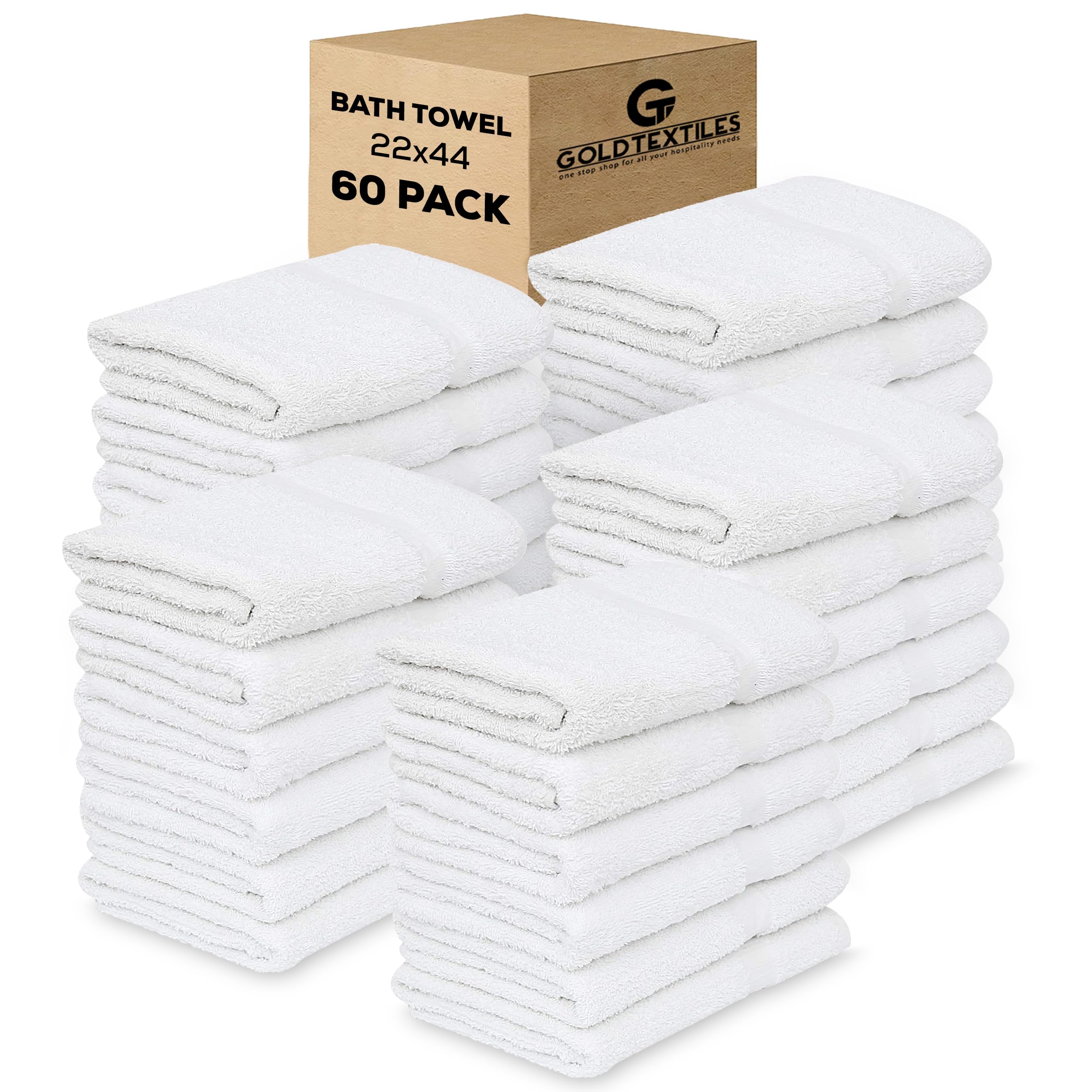 Gold Textiles 60 Pack Economy White Bath Towels Bulk (22X44 Inches) Cotton Blend Multi-Purpose Hotel Towel For Commercial And Ho