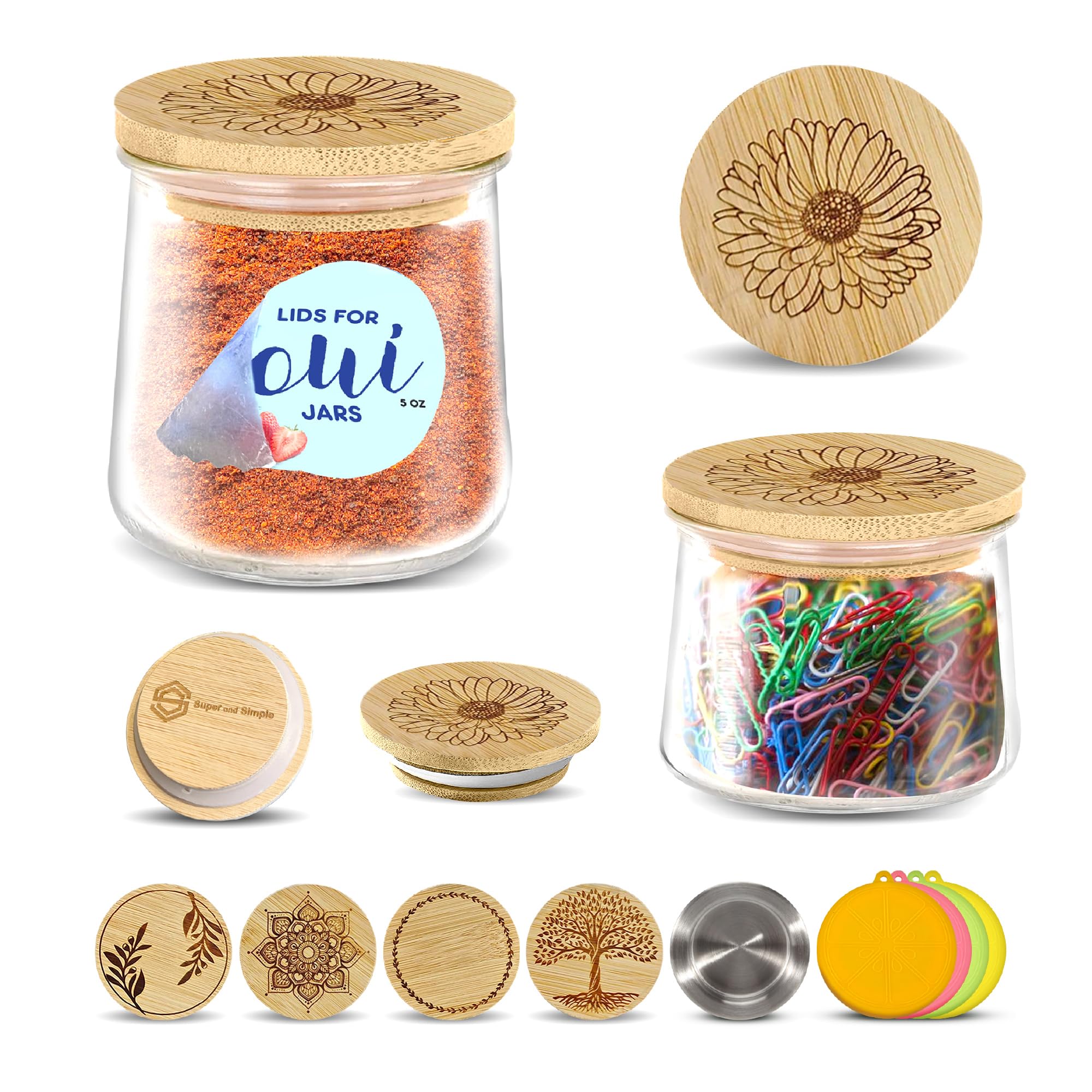 Oui Yogurt Jar Lids - 4 Piece Set - Bamboo With Silicone Sealing Rings For A Perfect Airtight Fit