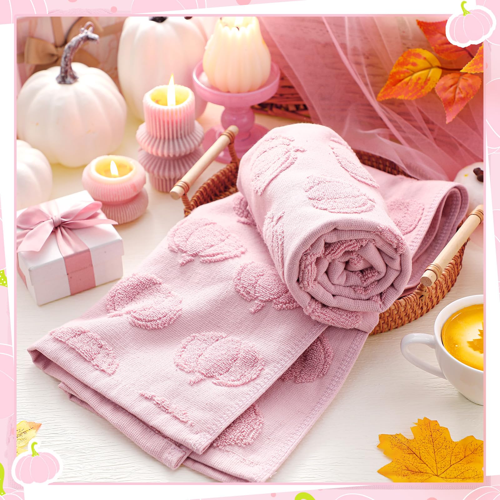 Mindsoft 2 Pcs Fall 3D Pink Pumpkin Jacquard Hand Towels for Bathroom Thanksgiving Pumpkin Towels 100% Cotton Soft Absorbent Dec