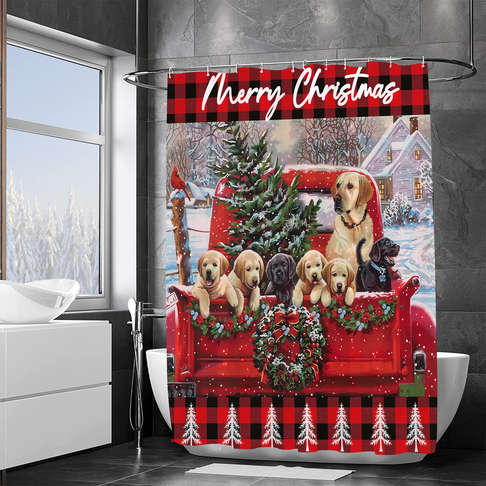 Jbralid Christmas Shower Curtain Vintage Red Truck With Xmas Tree Cute Dog Kids Shower Curtain Buffalo Check Plaid Waterproof Ba