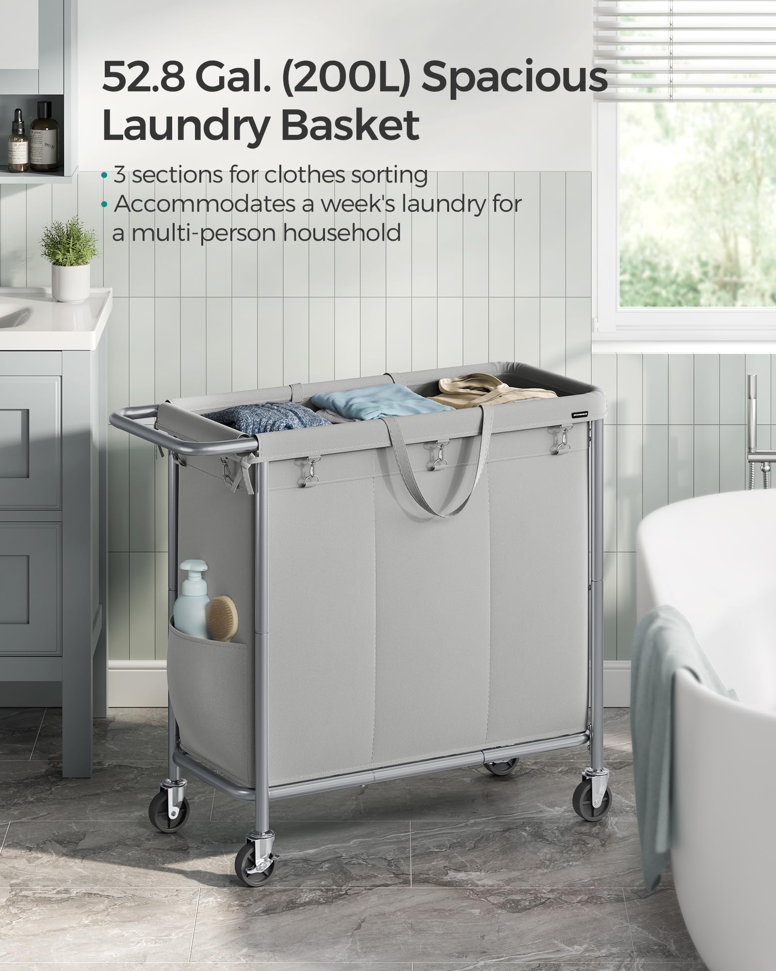 Songmics Laundry Basket With Wheels, 3-Section Rolling Laundry Hamper, 52.8 Gallons (200L), Removable Liner, Steel Frame With Ha