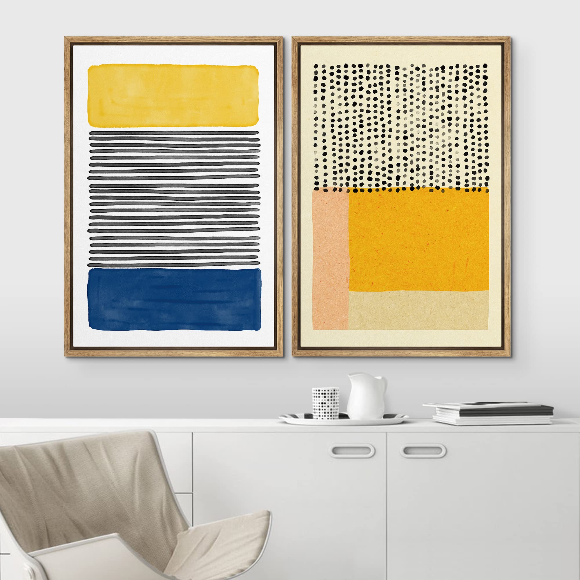 Idea4Wall Framed Canvas Print Wall Art Yellow, Blue & Orange Color Block Variety Geometric Abstract Art Minimalism Mid-Century M