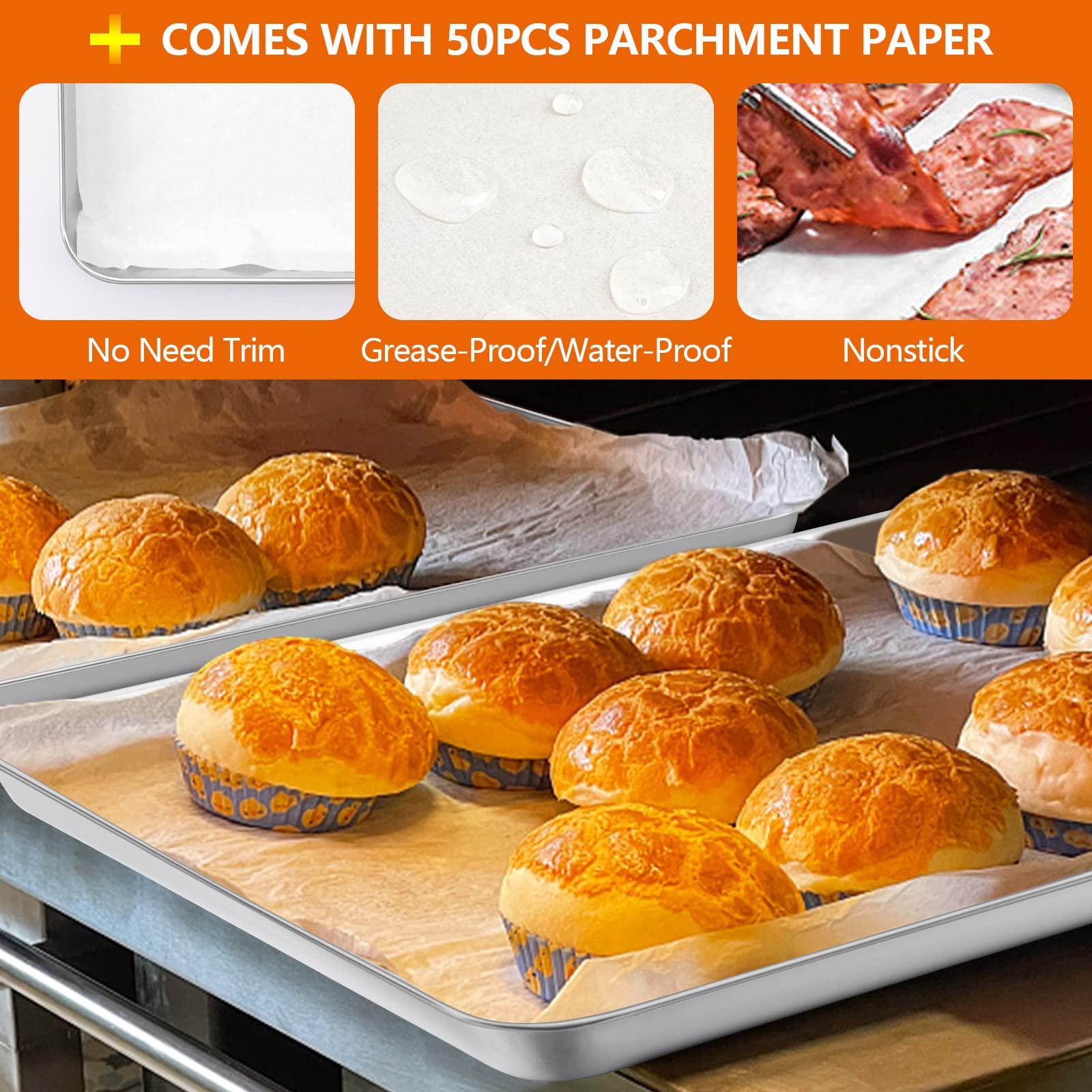 E-Far Baking Cookie Sheet Set Of 2, 16   X12    Stainless Steel Baking Sheet Pan With 50 Parchment Paper, Rectangle Baking Tray