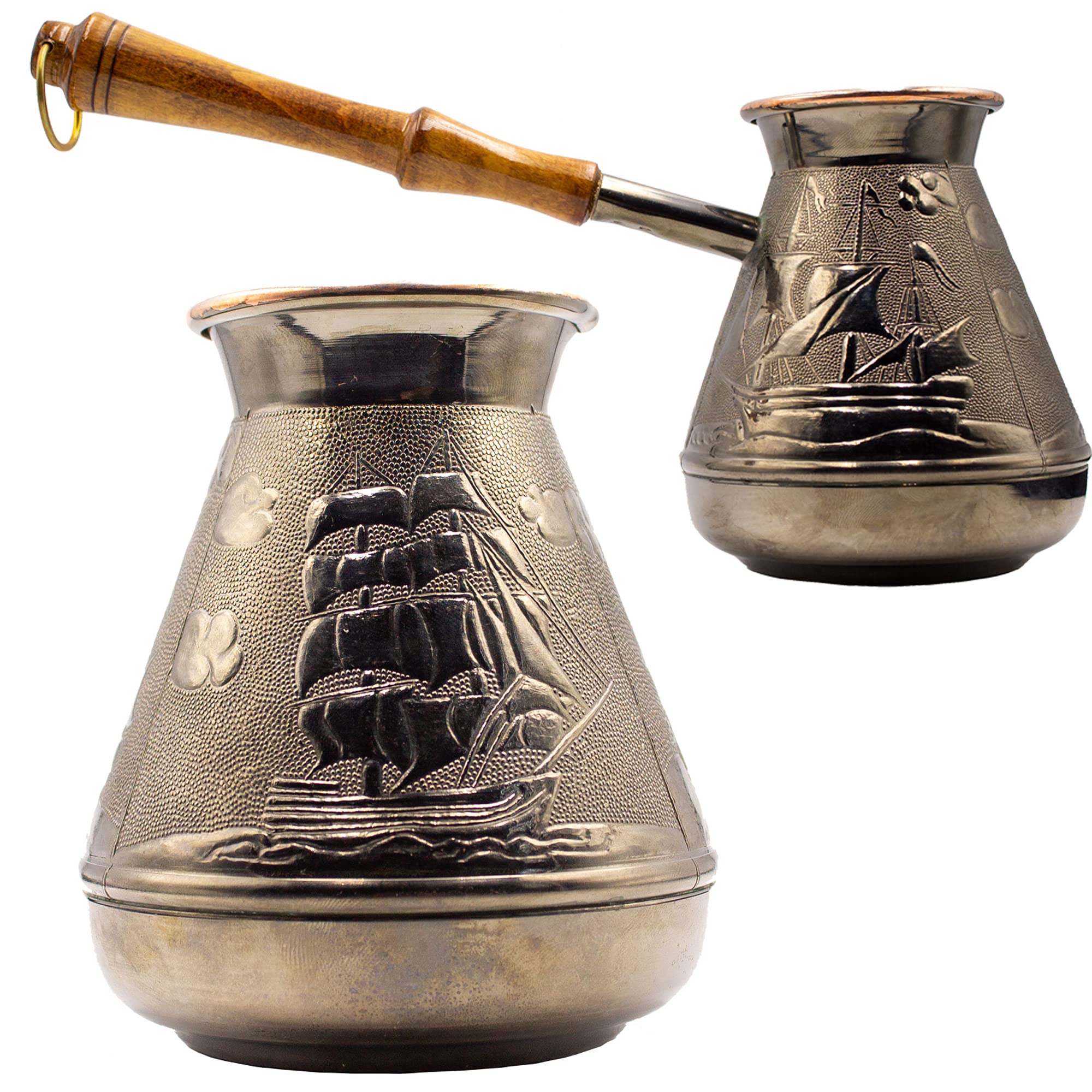 Aevvv Scarlet Sails Turkish Greek Copper Turk 500Ml 17Oz Neat Cezve Coffee Maker With Wooden Handle (17 Oz)