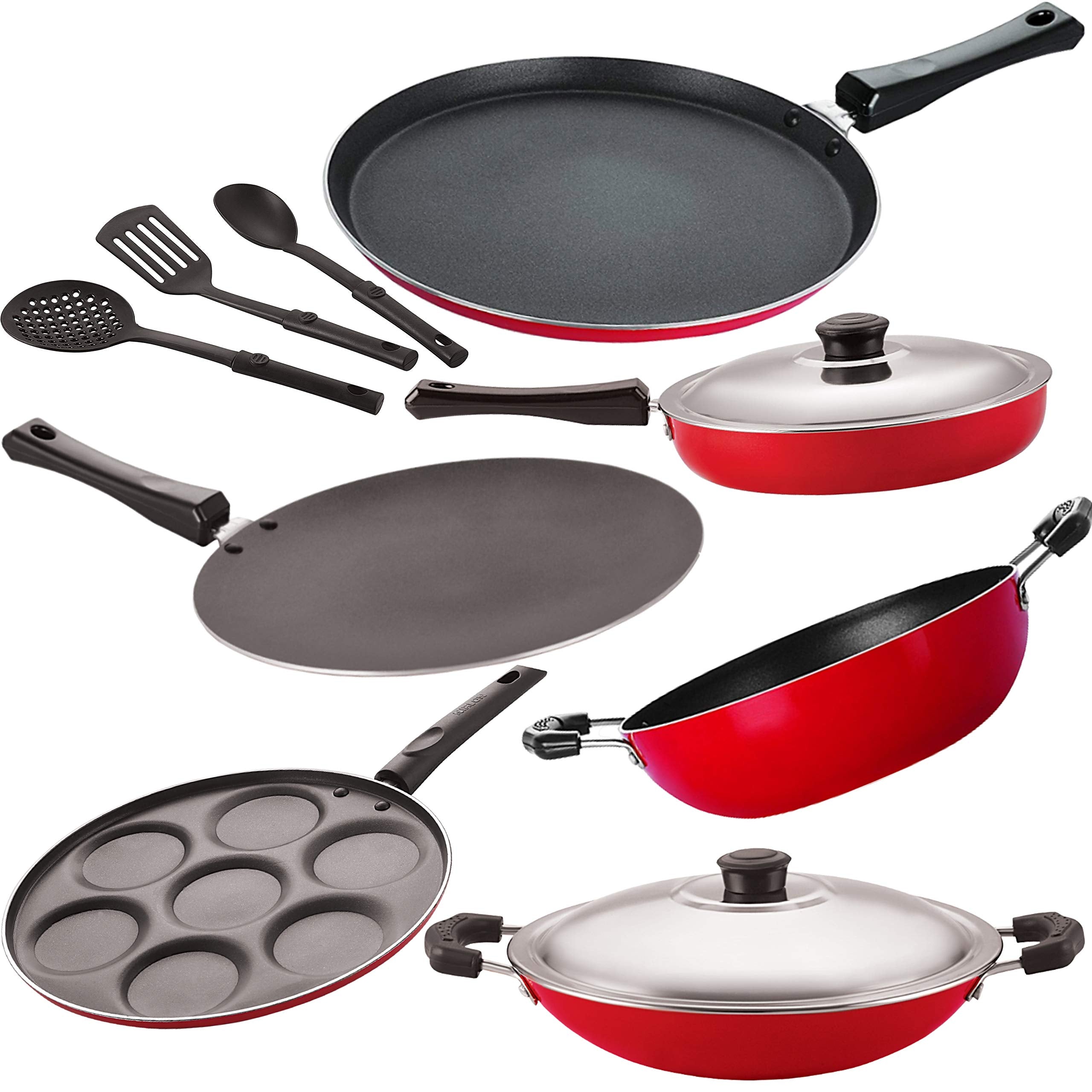 Nirlon Odor Free 3 Layer NonStick Coating Cookware Combo Item Set 9 Piece, 2.6Mm_Ft13_Ct_Kd13_Chatti_Up_Fp12_3Spn