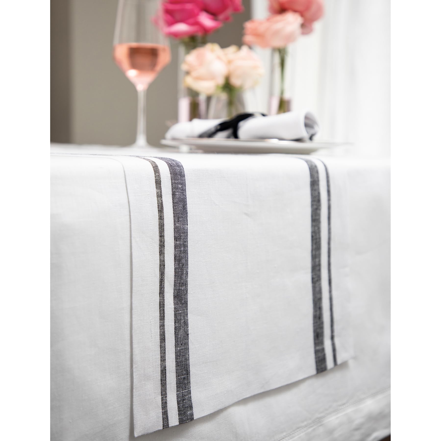 Solino Home Stripe Linen Table Runner 120 Inches Long - 100% Pure Linen Black And White Table Runner 14 X 120 Inch - French Stri