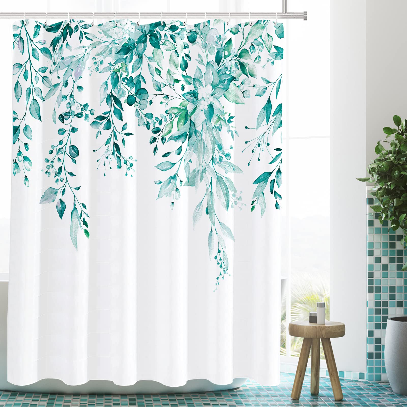 Tititex Teal Eucalyptus Shower Curtain, Watercolor Turquoise Leaves On The Top Plant With Floral Bathroom Decoration Shower Curt