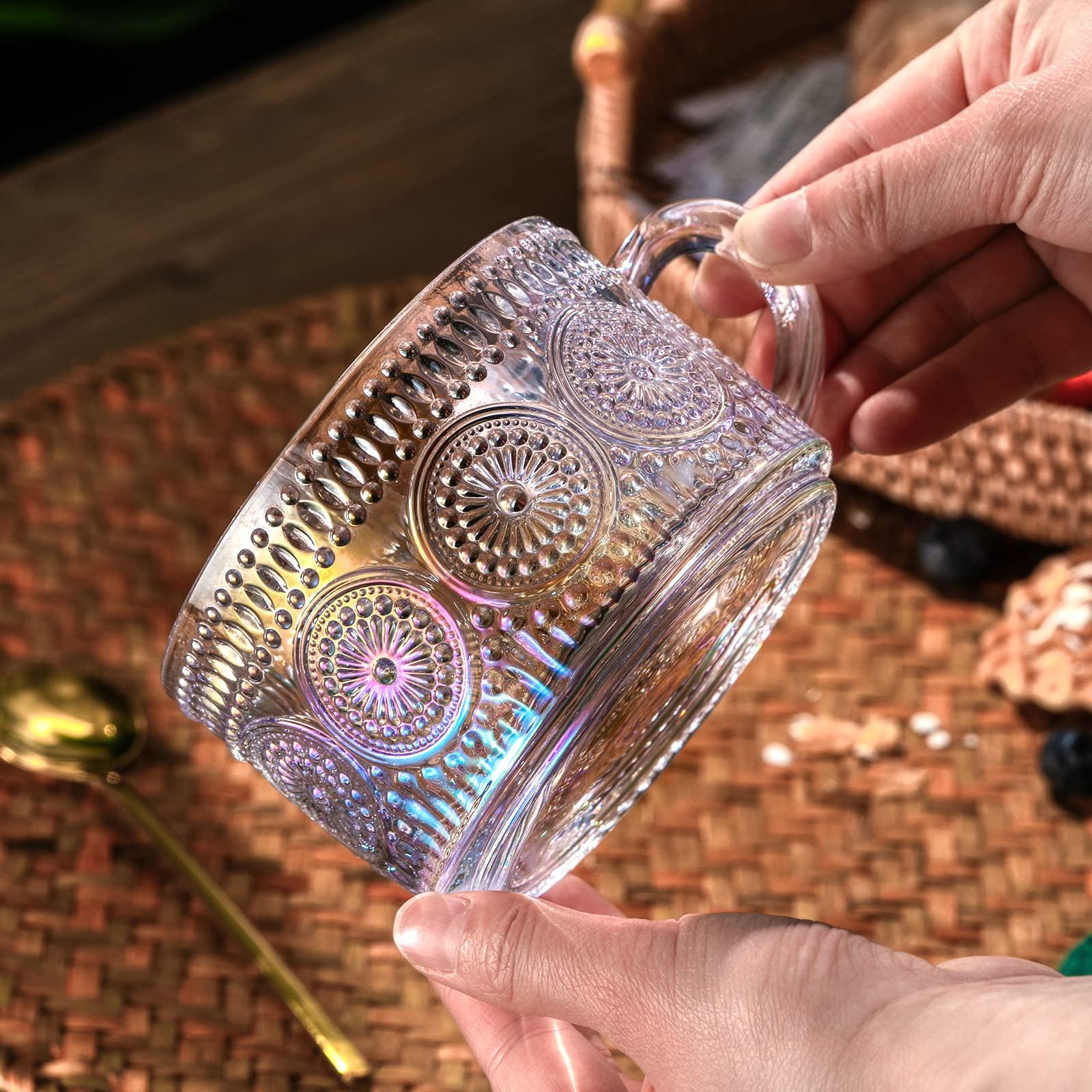 Gezzeny Vintage Glass Coffee Mugs 14 Oz Set Of 2 Iridescent Embossed, Tea Cups,Glass Coffee Cups For Cappuccino, Latte,Cereal, Y