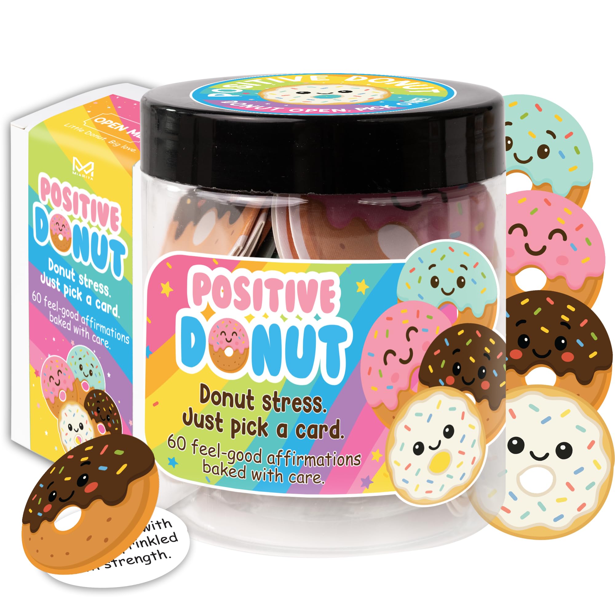 Miarita Positive Donuts Jar, Emotional Inspirational Support 60 Affirmation Cards, Cheer Up Cute Donut Gifts for Teen Girls, Dau