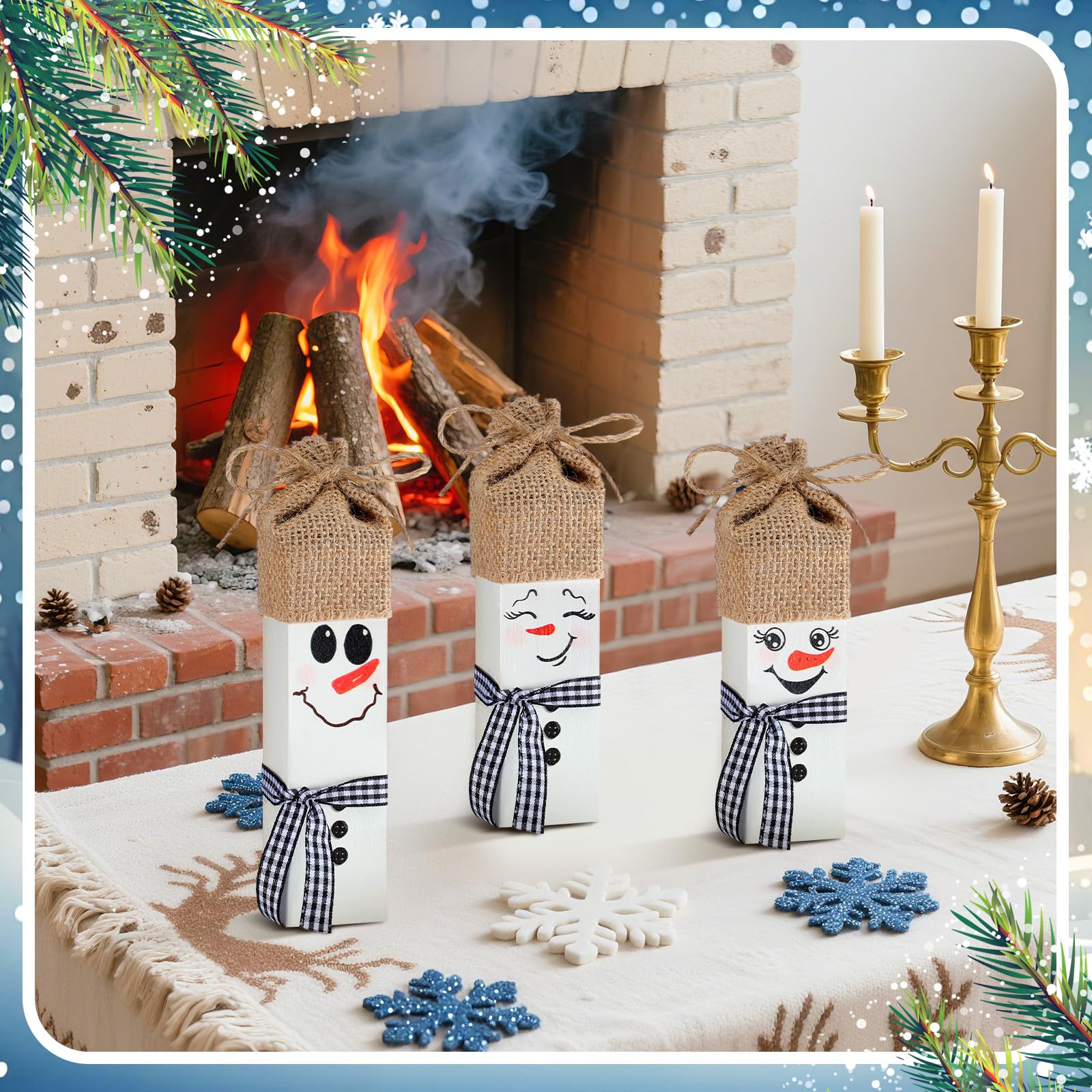 Yousoontic 3 Pcs Christmas Snowman Table Decorations Wooden Snowman Table Block Sign with Hat Plaid Winter Tiered Tray Decor Chr
