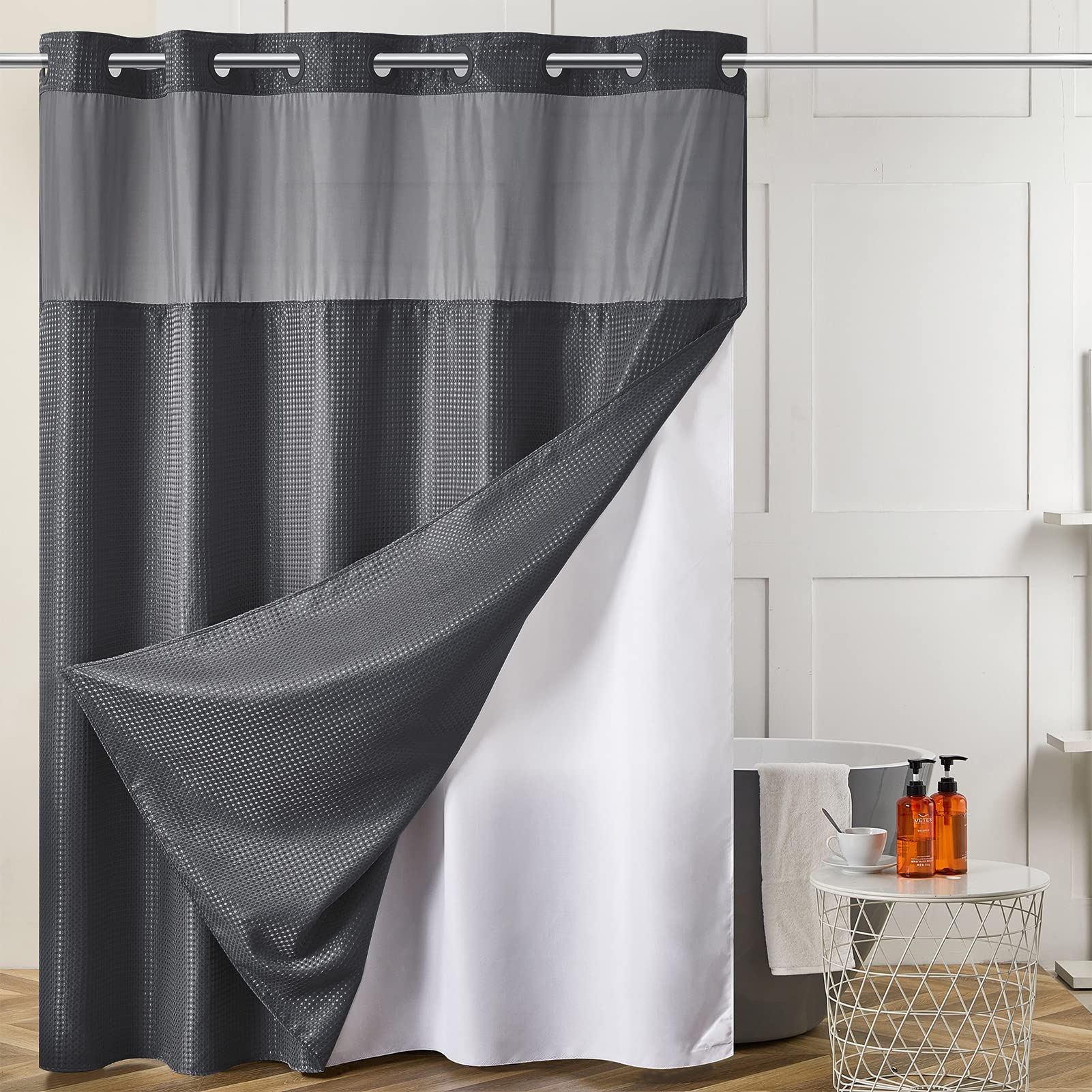 Furlinic Extra Long 84 Inch Shower Curtain With Snap In Liner Set,No Hook Waffle Weave Bathroom Curtains,Honeycomb Textured,Hote