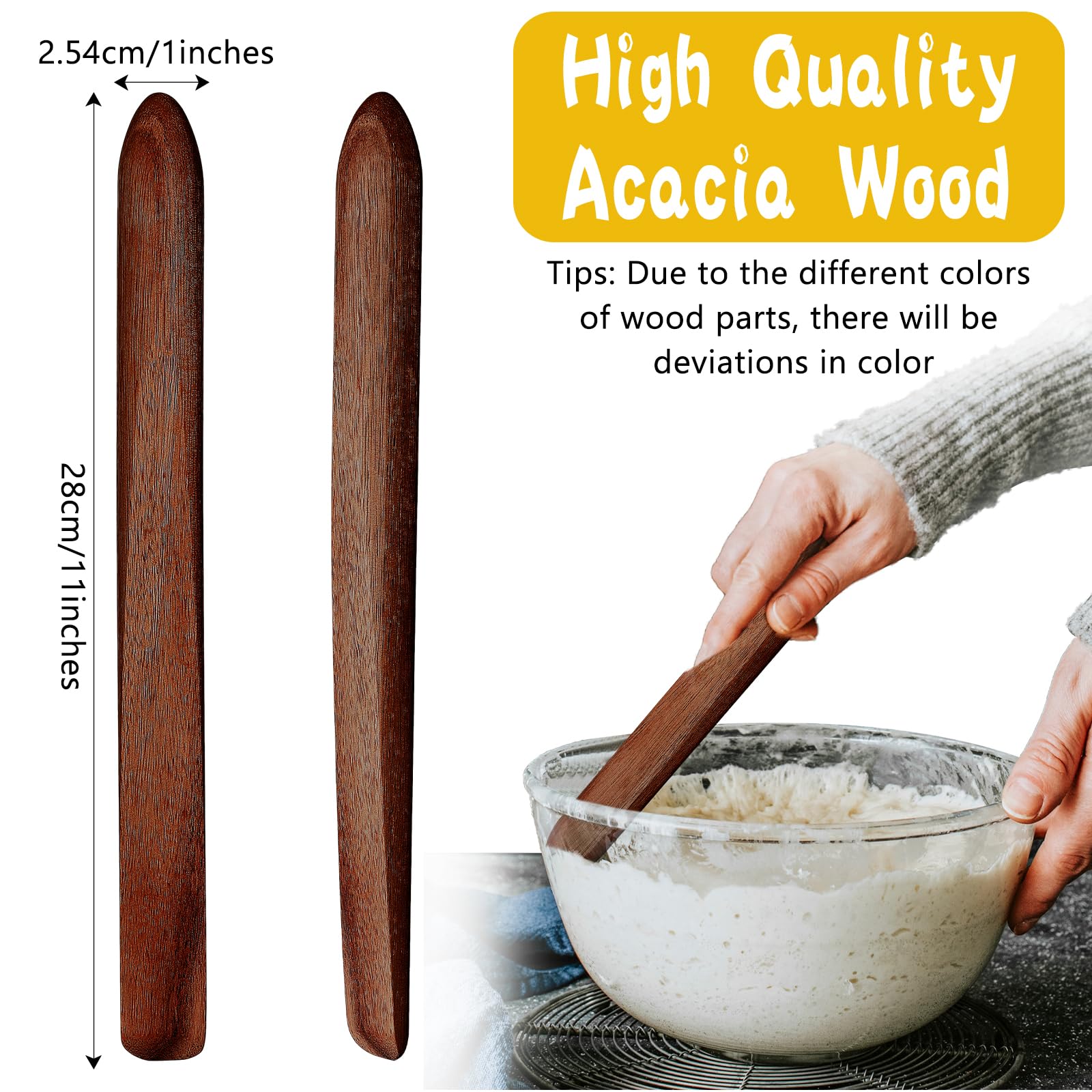 Hillban 2 Pcs 11 Inch Wooden Sourdough Bread Mixing Stir Stick Spurtle Wooden Sourdough Bread Making Tools Wooden Paddle Stirrin