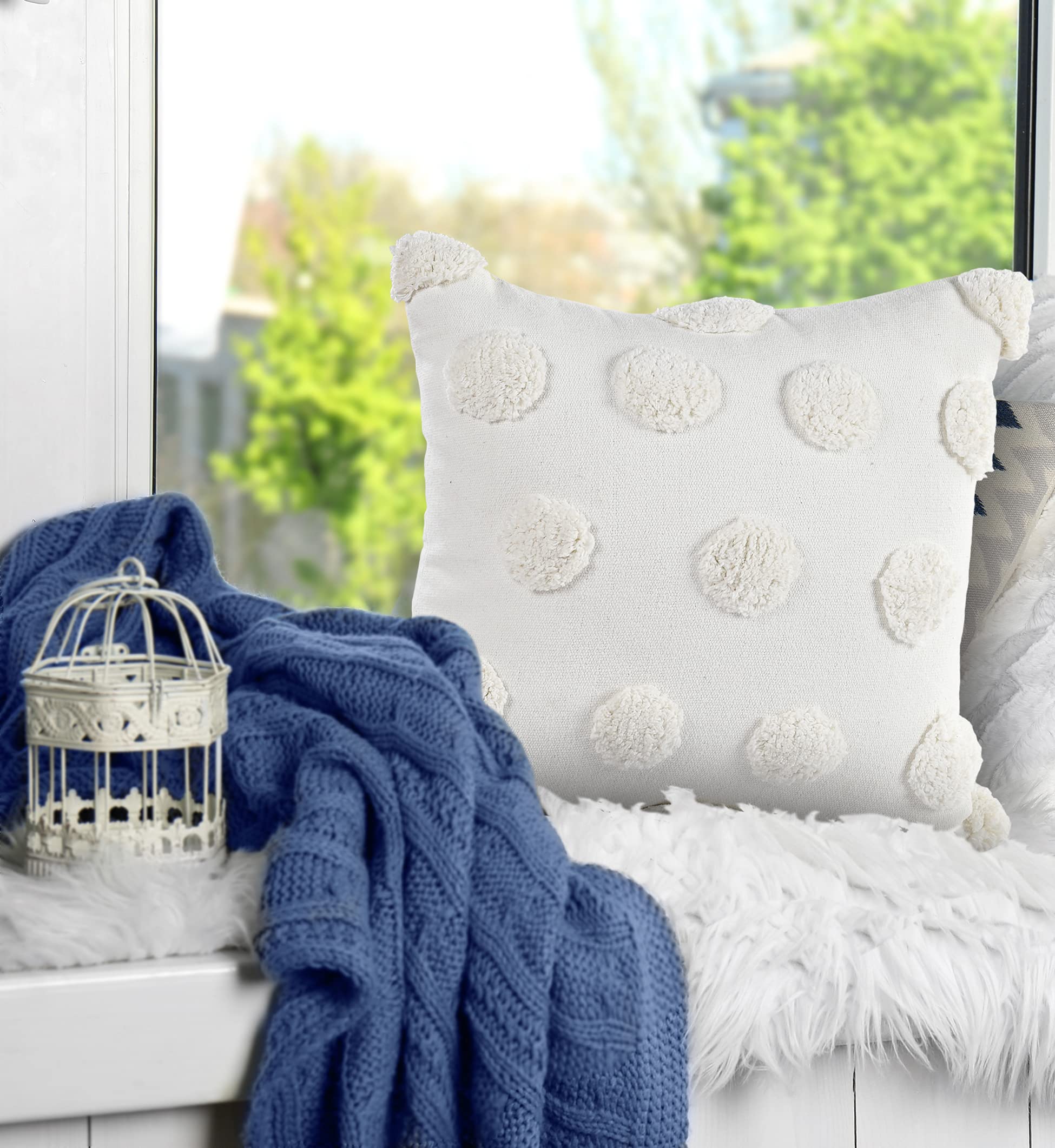Sashaa World Cotton Tufted Dots Cushion Cover | White Boho Decorative Pillow Cover For Sofa, Living Room, Or Bed | Zipper Closur