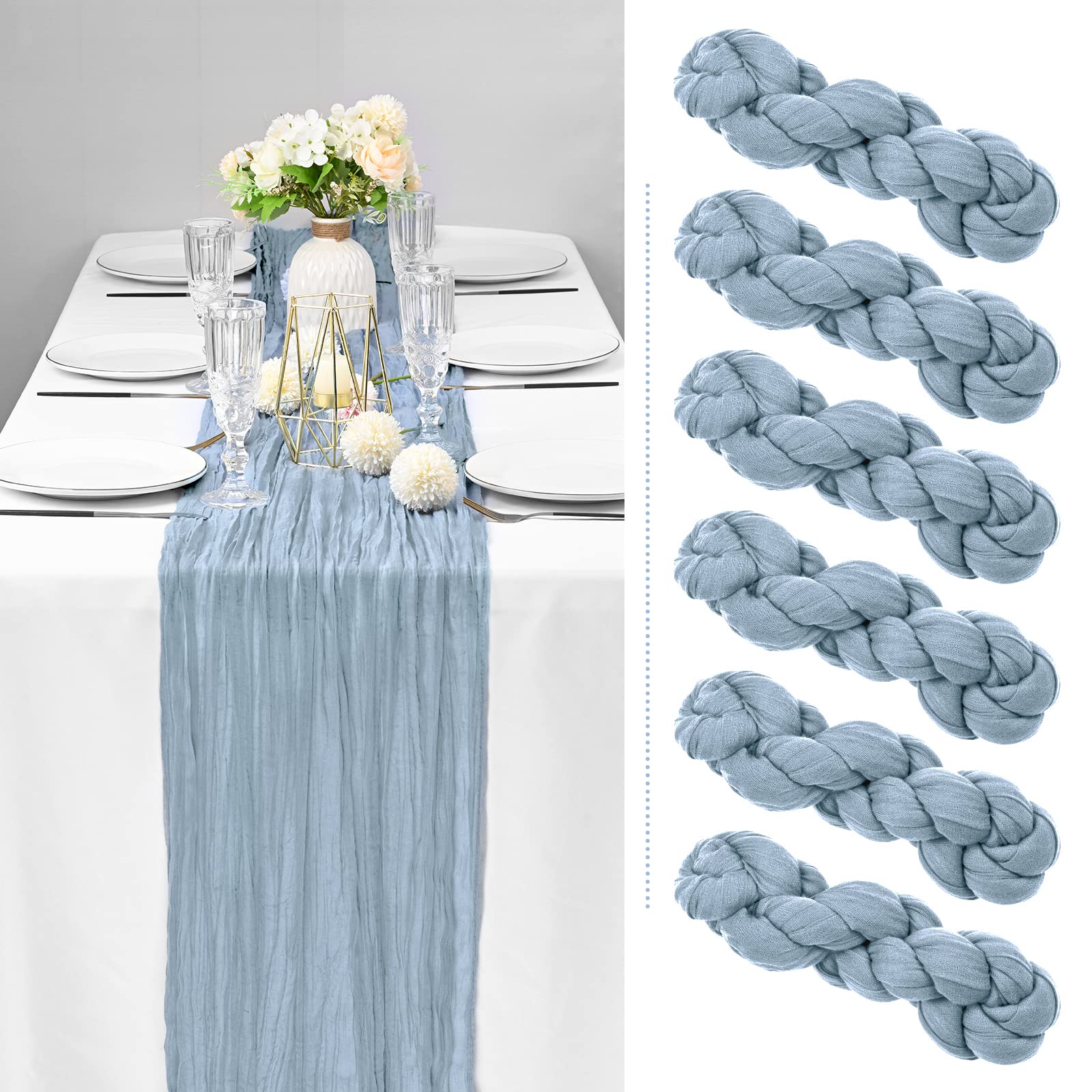 6 Pack Dusty Blue Cheesecloth Table Runner Gauze Table Runner 10Ft Long Semi-Sheer Table Runner Boho Or Rustic Wedding Table Dec