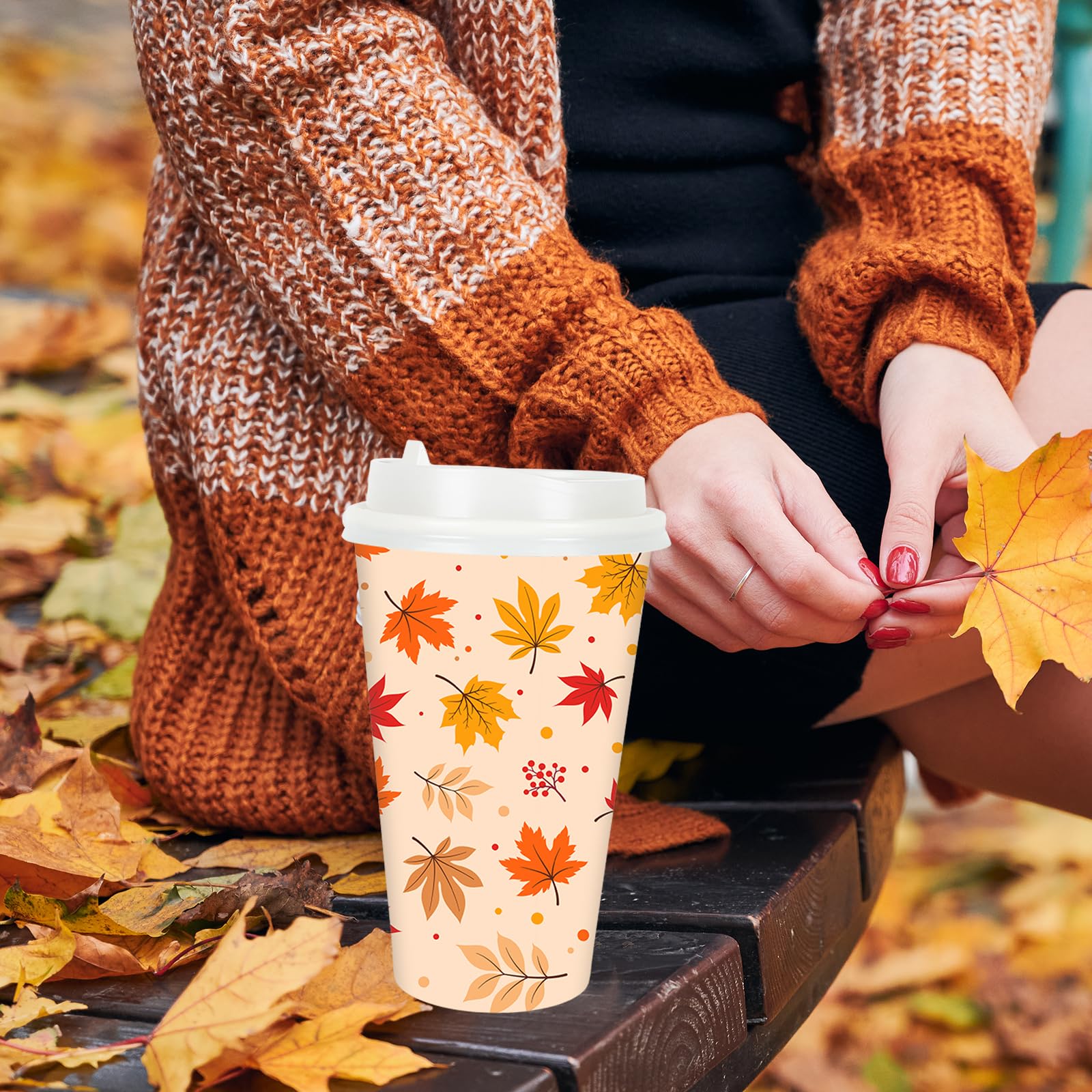 JarThenaAMCS 72 Sets Fall Thanksgiving Disposable Coffee Cups with Lids Maple Leaf Pumpkin Paper Drinking Cup for Autumn Harvest