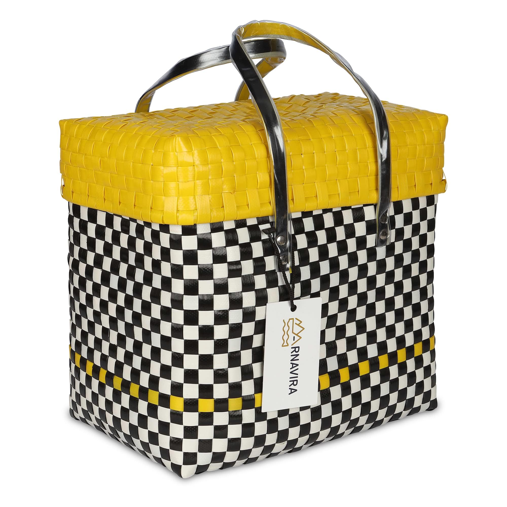 Arnavira Handmade Multipurpose Basket With Lid 4L Used For Organiser, Makeup Items Storage,Kids Tiffin (18X12X19 Cm) (Yellow Che