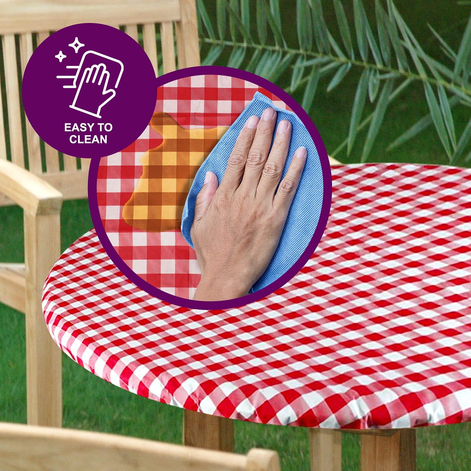 Sorfey Tablecloth -Fitted With Elastic, Vinyl With Flannel Back, Fits For Table 48 Inches Round,Water Proof, Easy To Clean, Chec