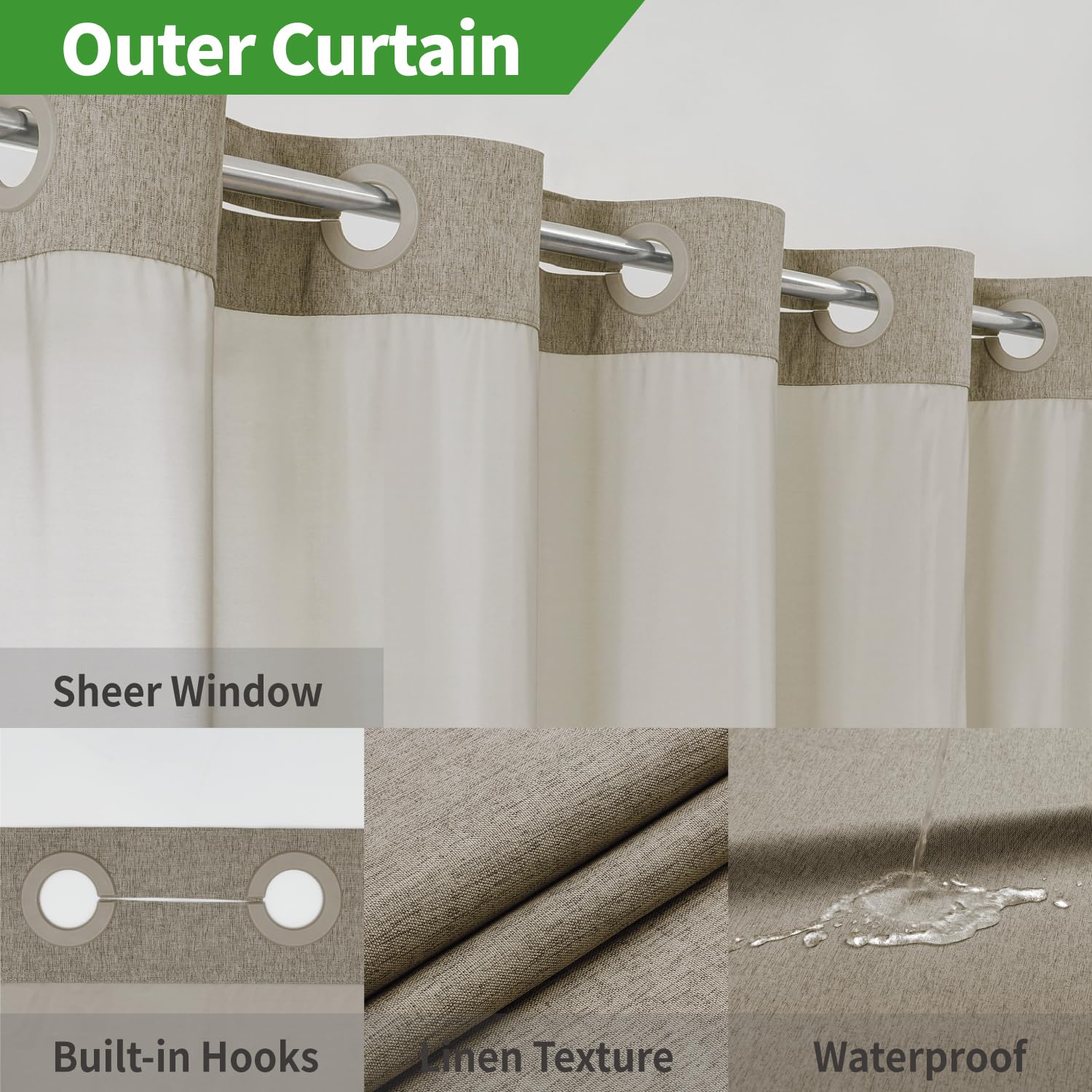 Eachope Extra Long No Hooks Needed Linen Textured Shower Curtain With Snap-In Fabric Liner Set,Hotel Luxury Decor Shower Curtain