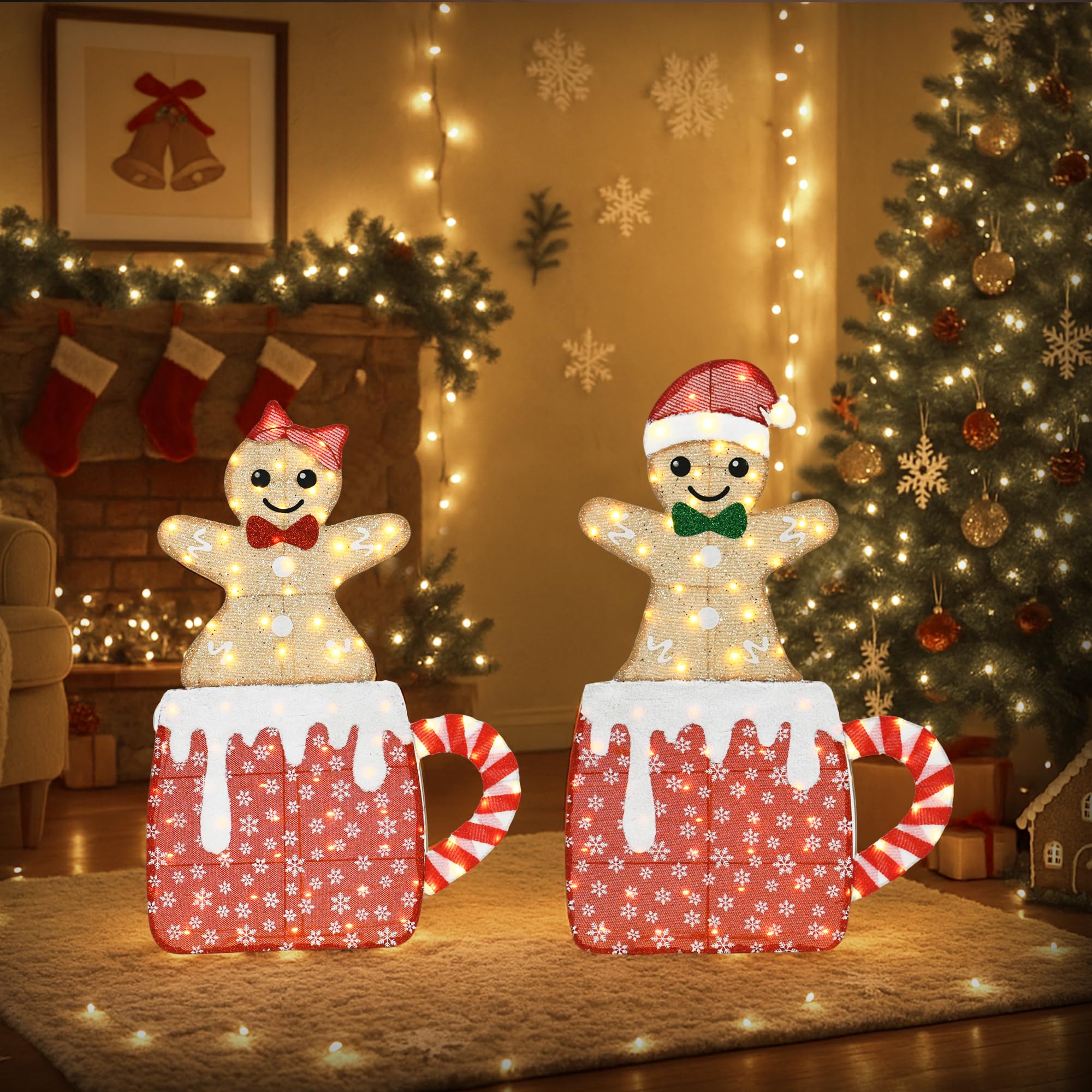 VELTENOVAIRE 42 H Lighted Gingerbread Outdoor Christmas Decorations, Pre-lit Gingerbread Boy & Girl in Hot Cocoa Mug Ornament, 2