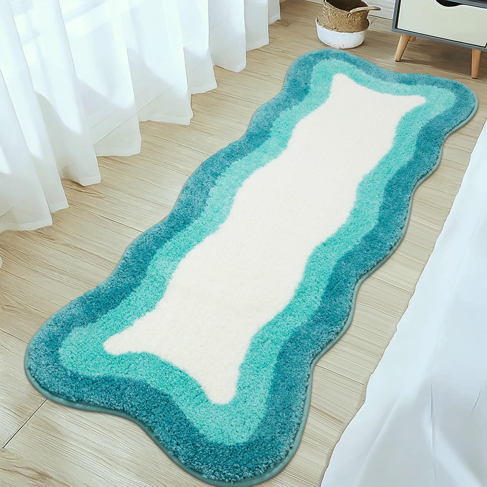 Haocoo Irregular Shape Bathroom Rug Runner, 18X47 Inch Soft Aqua Gradient Non Slip Bathtub Mat,Microfiber Washable Runner Rug Ro