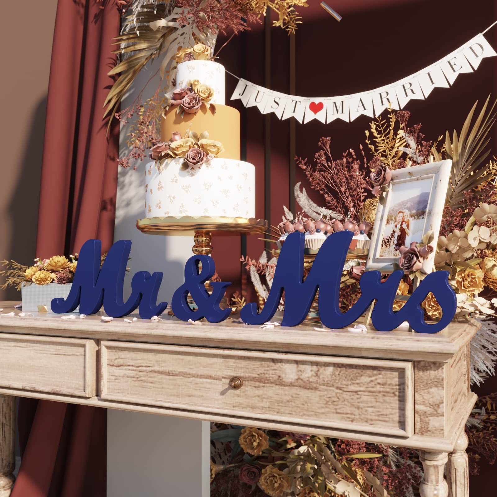 Viopvery Wedding Decorations Set,Large Blue Mr And Mrs Sign & Just Married Banner,Mr & Mrs Signs For Wedding Table,Wooden Letter