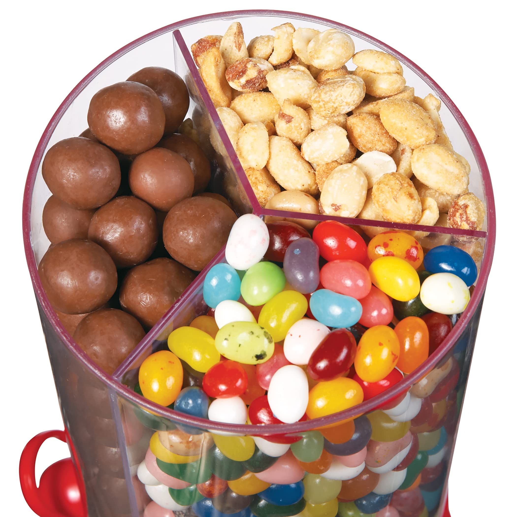Handy Gourmet The Original Polystyrene Triple Candy Machine - Fun Candy & Nut Dispenser - New & Improved (Red) - 360 Degree and 3 Compartments
