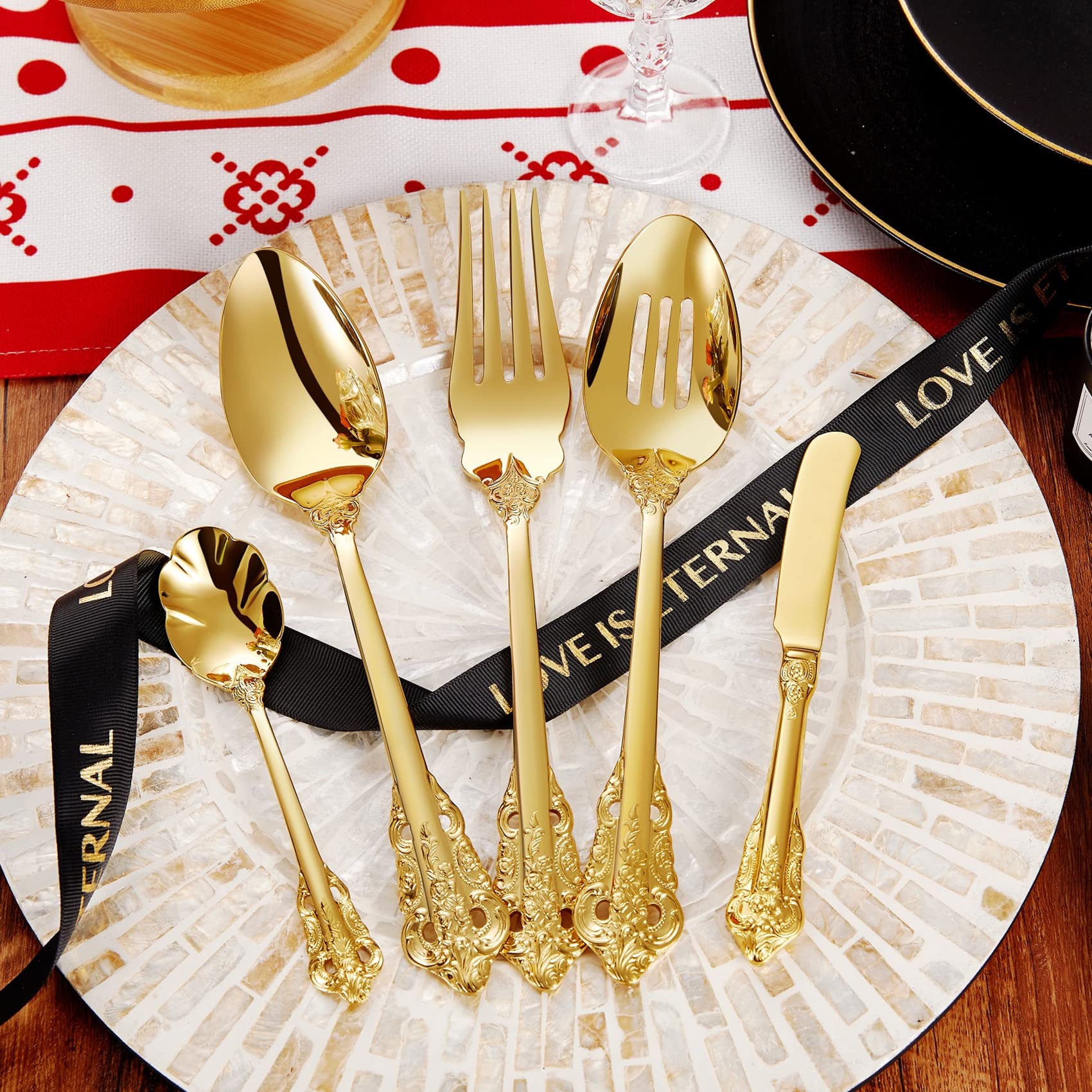 Keawell Gorgeous 5-Piece 18/10 Stainless Steel Hostess Serving Utensil Set, Gold
