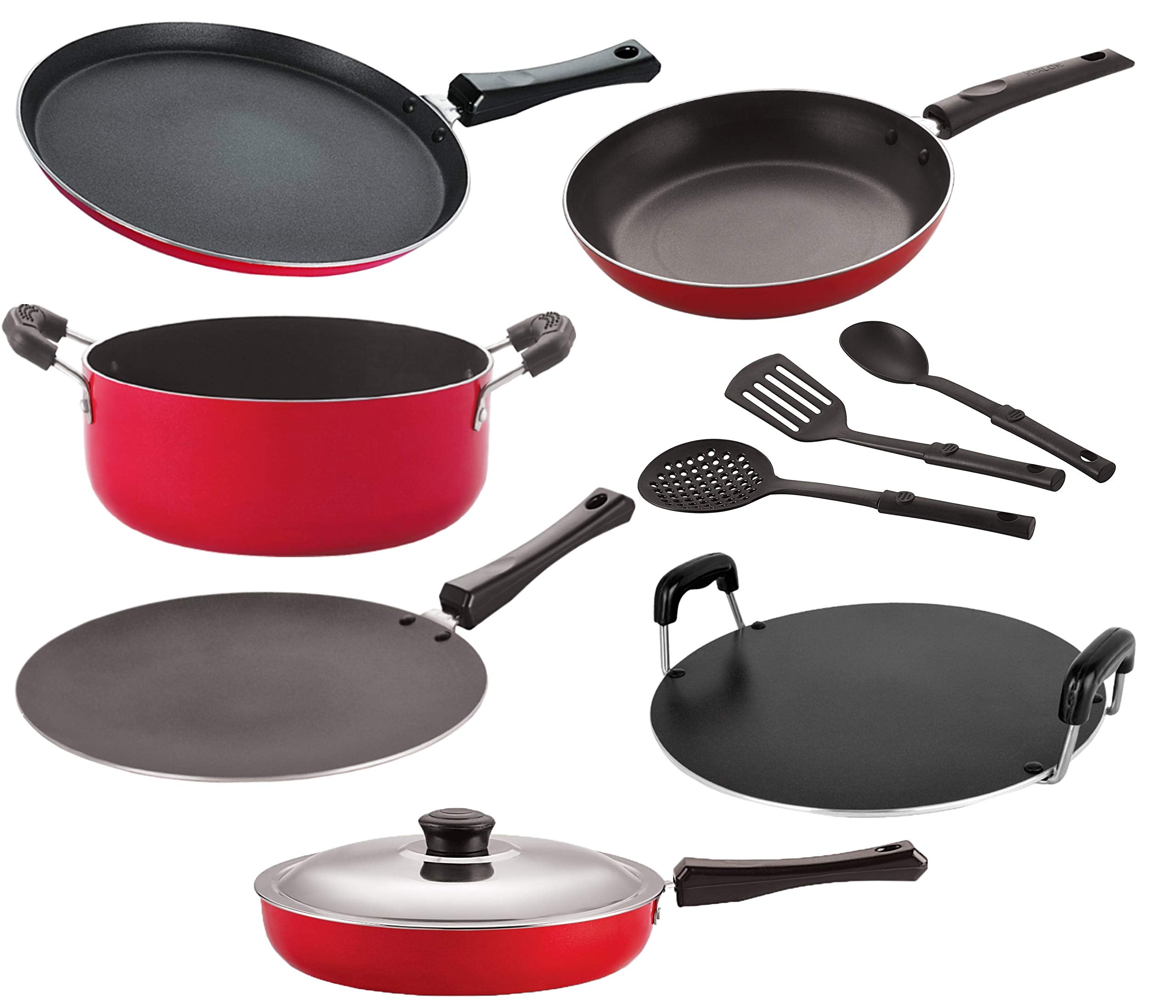 Nirlon Dishwasher Safe Non Stick Cookware Pots And Pans Set Of 9 Pieces { 2.6Mm_Ft12_Ct_Tp_Rt_Cass20_Fp12_3Spn }
