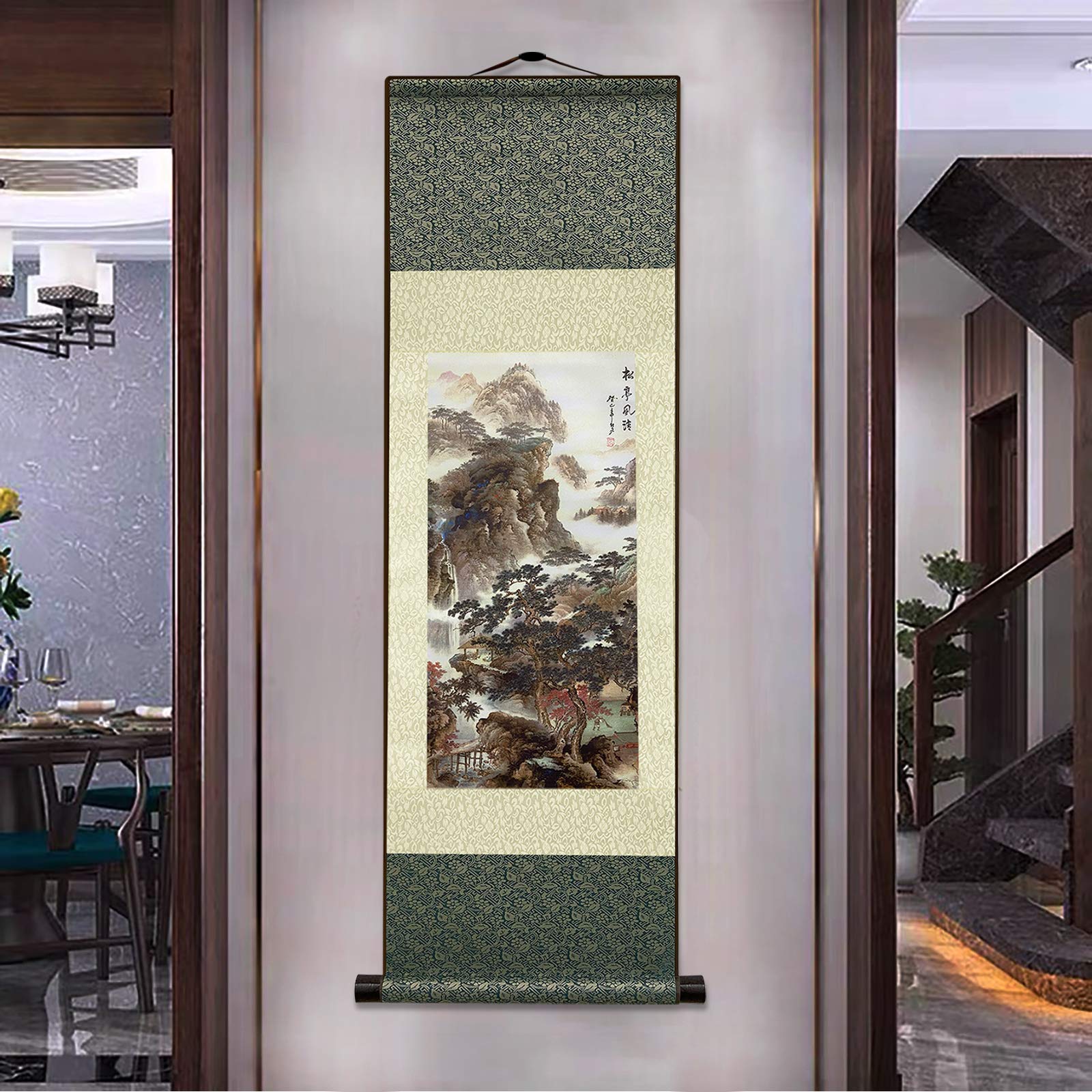Fovnot Chinese Landscape Painting Decor, Asian Decor For Home Beautiful Silk Scroll Painting Chinese Vertical Wall Art Oriental