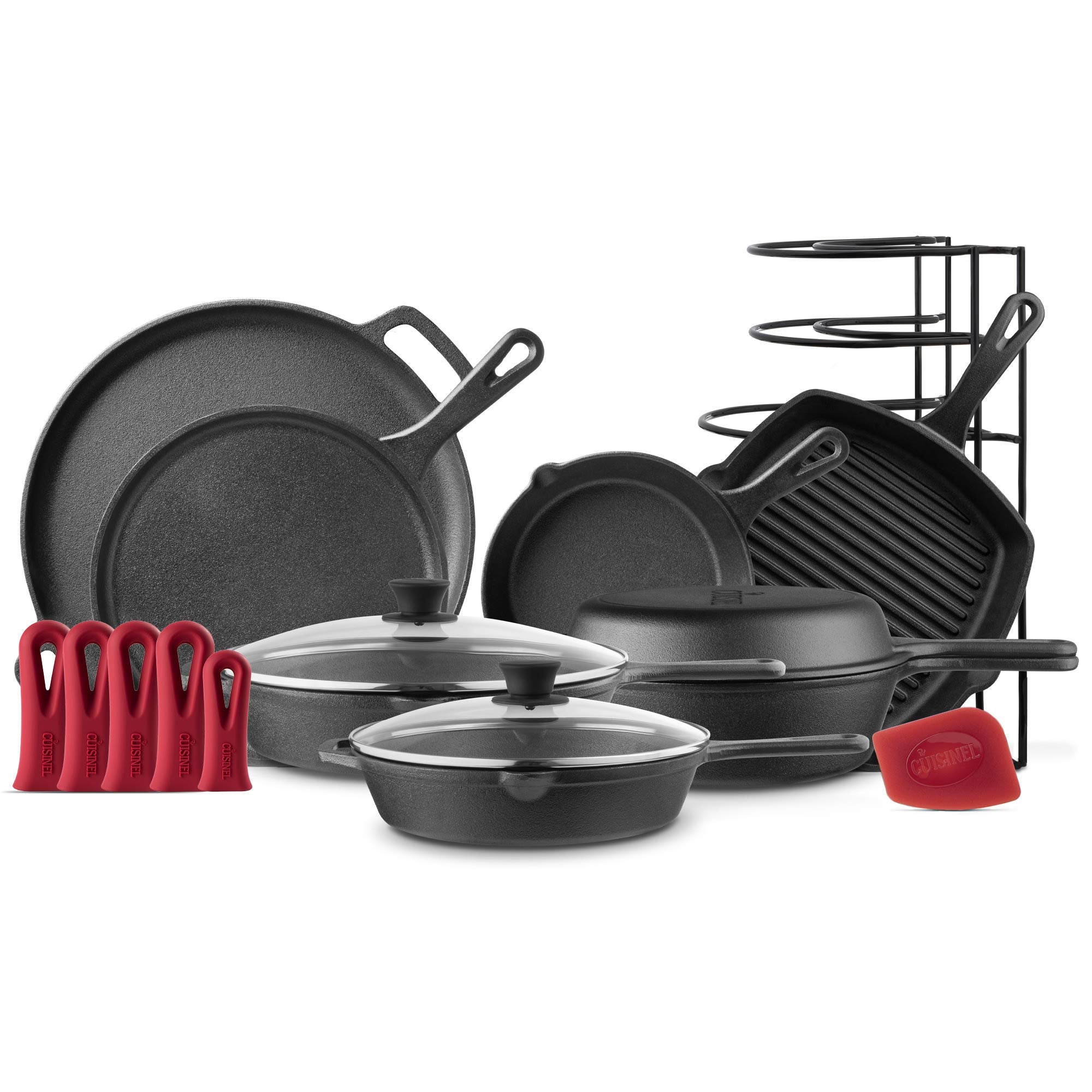 Cuisinel Cast Iron Cookware Set - Complete Pre-Seasoned Kit - 8 Skillet & 10 + 12 Skillets with Glass Lid + Grill Pan + Multi-Co