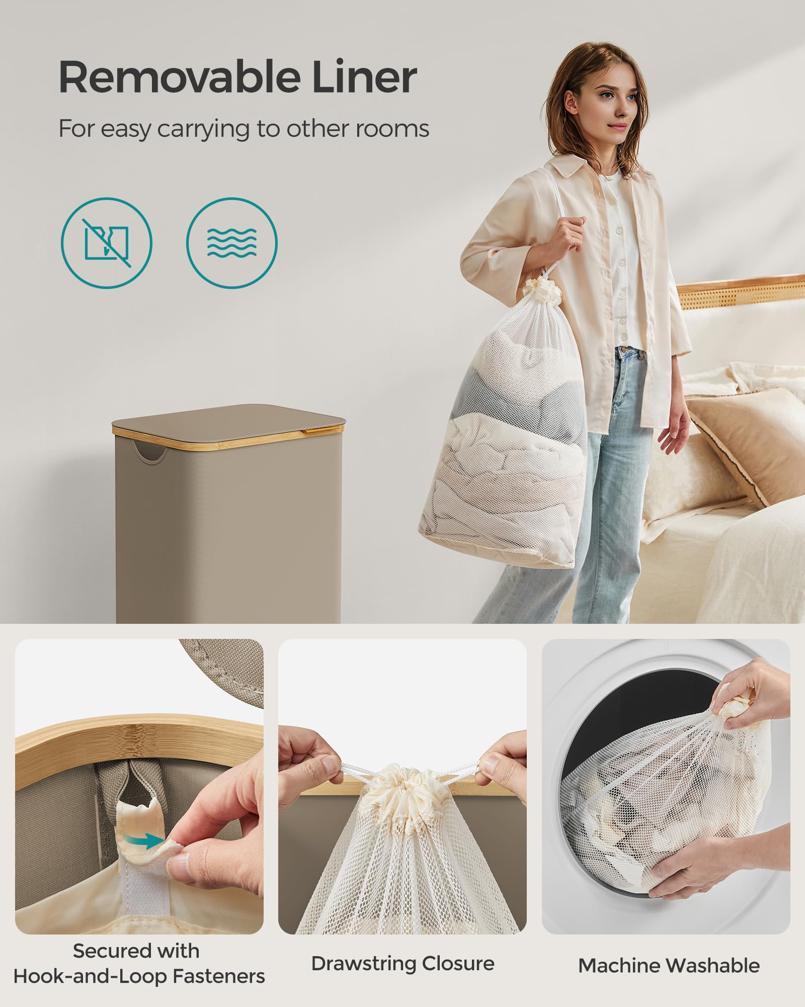 Songmics Laundry Hamper With Lid, Large Laundry Basket, 23.8 Gallons (90L), Removable Mesh Liner, Bamboo Handles, Collapsible, 1